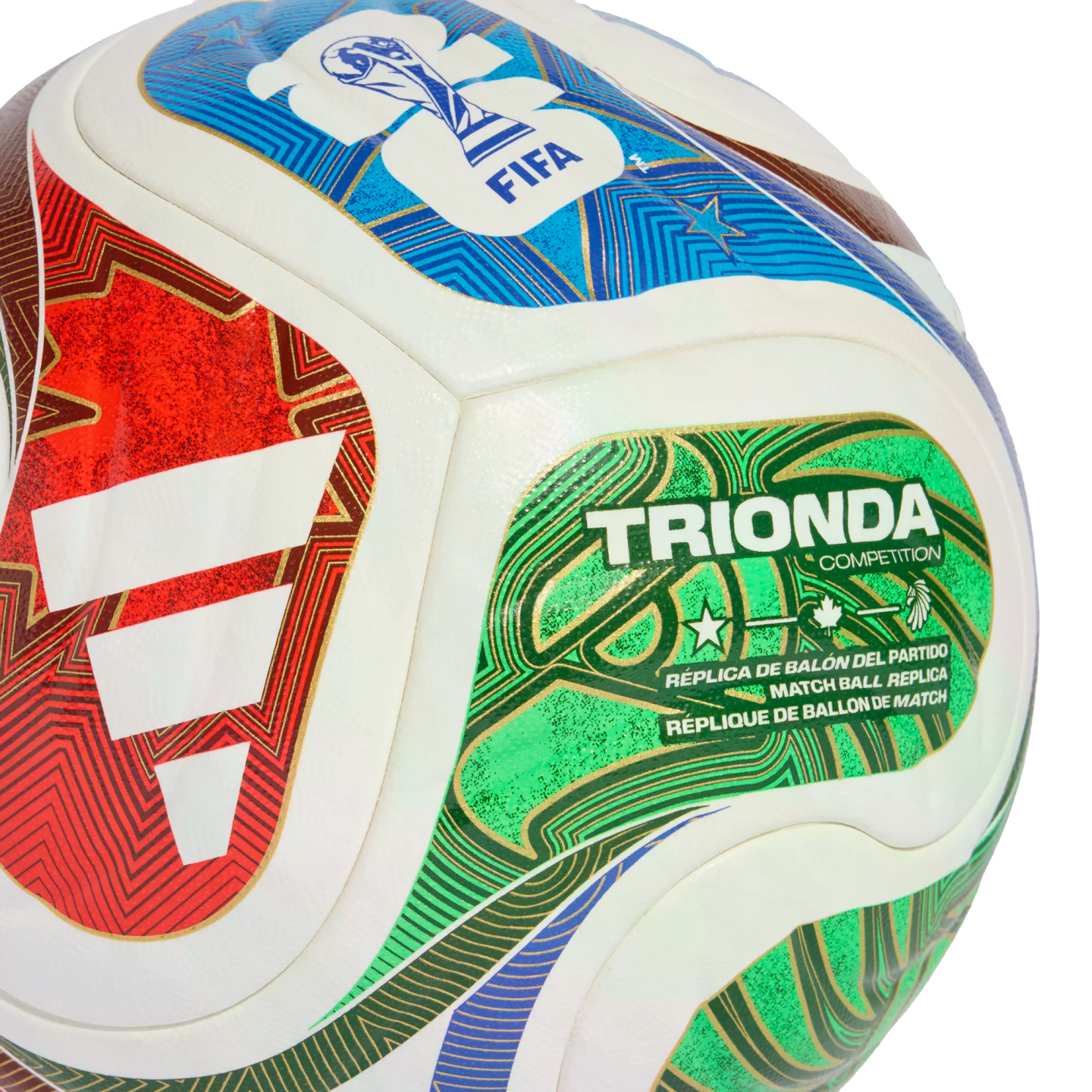 White soccer ball with colorful red, blue, and green patterned panels featuring the FIFA logo and "TRIONDA COMPETITION" branding.