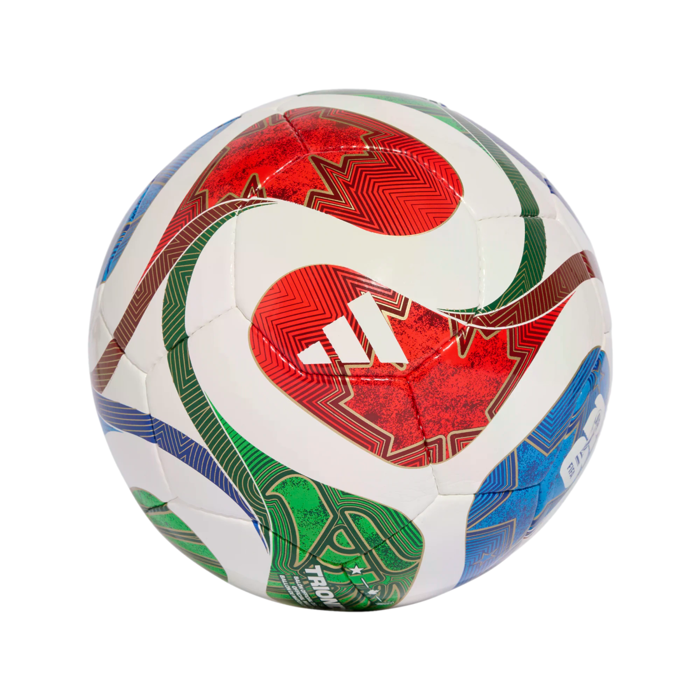 Adidas soccer ball with vibrant red, green, and blue geometric patterns on a white base, centered against a black background.