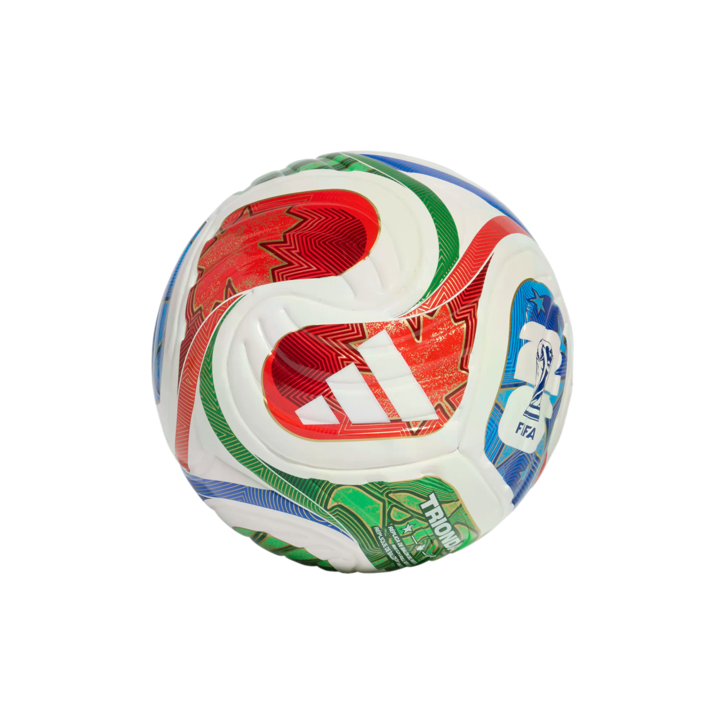White soccer ball with colorful red, green, and blue swirling graphics, featuring the Adidas and FIFA logos.