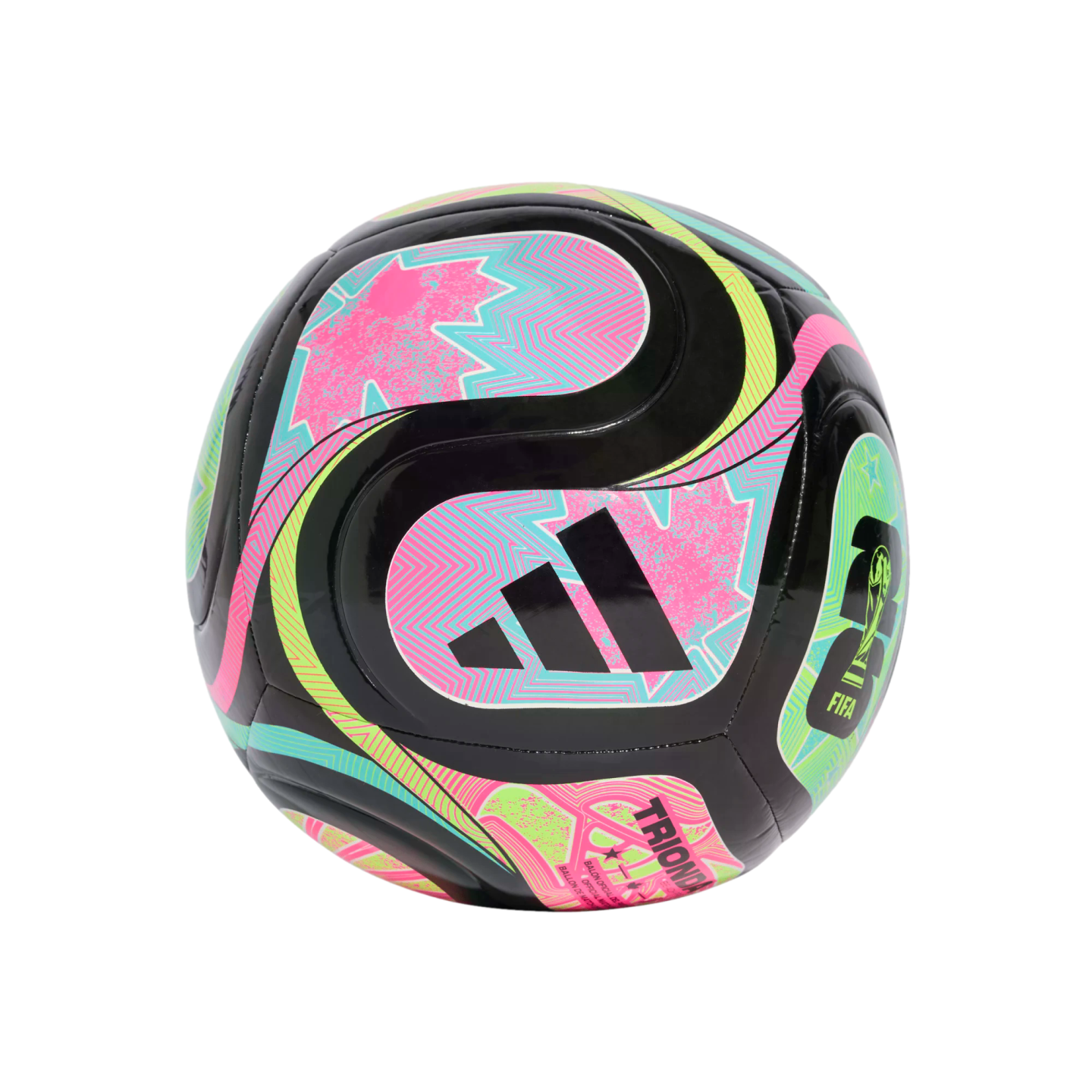 An Adidas Trionda soccer ball featuring vibrant pink, cyan, and neon yellow geometric graphics and maple leaf patterns on a black background.