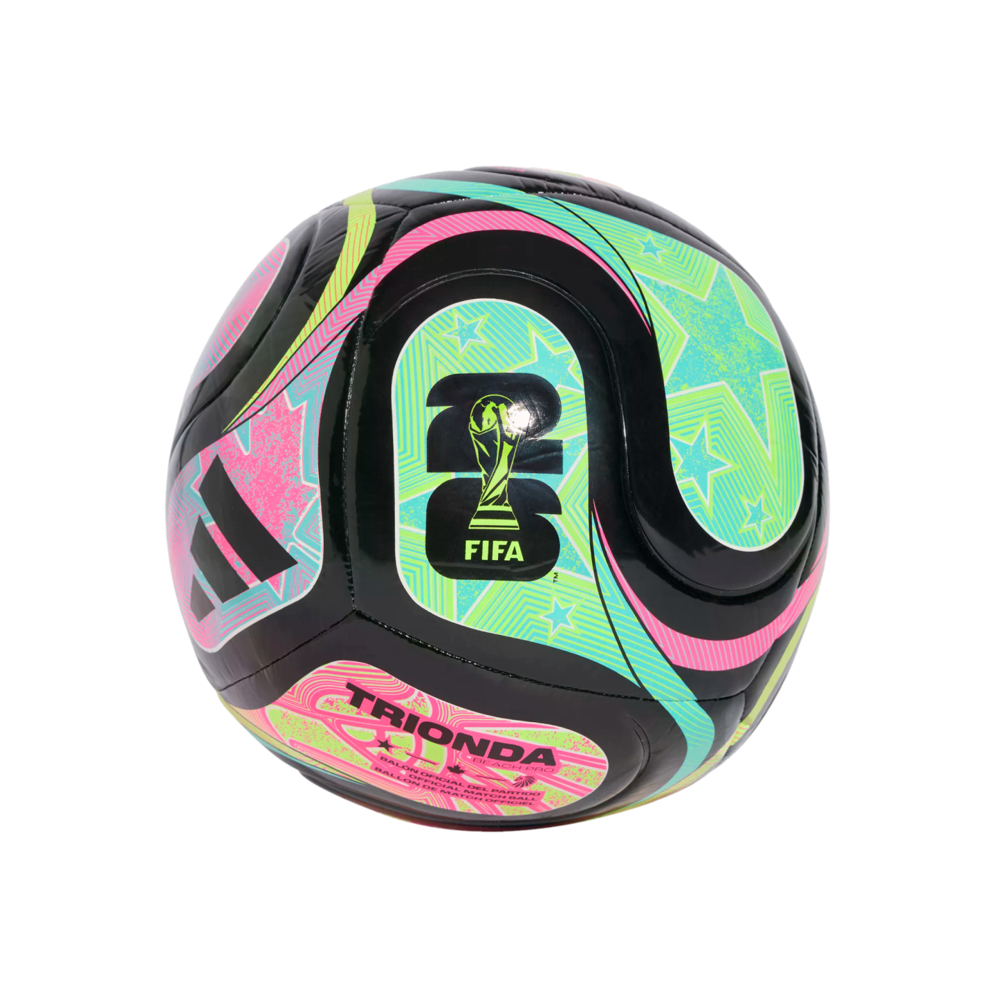Adidas Trionda Beach Pro soccer ball with black, pink, green, and blue star patterns and the FIFA World Cup logo.
