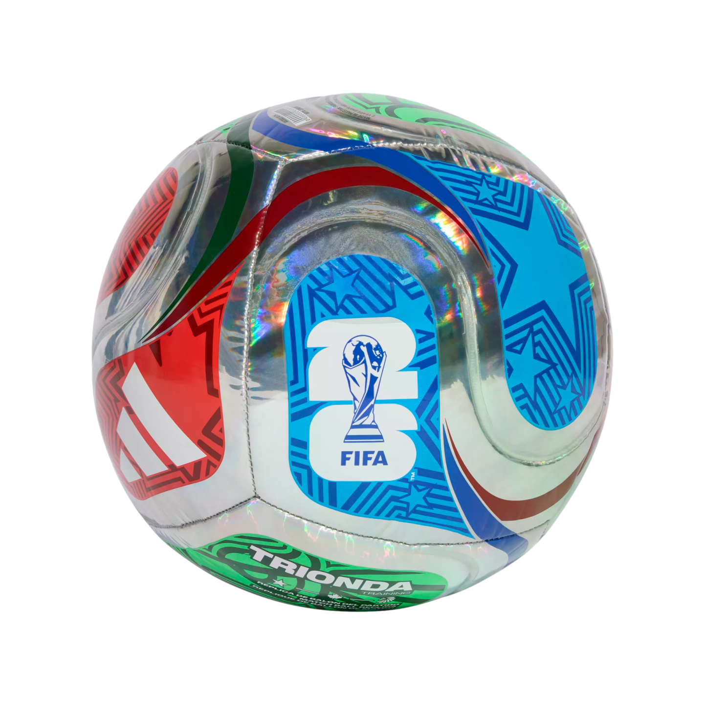 Iridescent soccer ball with red, blue, and green panels. It features the FIFA World Cup trophy logo, Adidas stripes, and "TRI-ONDA TRAINING" text against a black background.