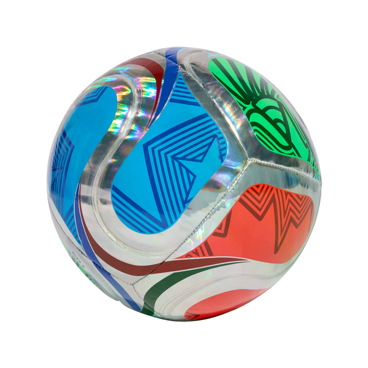 A holographic soccer ball with vibrant geometric patterns in blue, green, and orange, set against a solid black background.