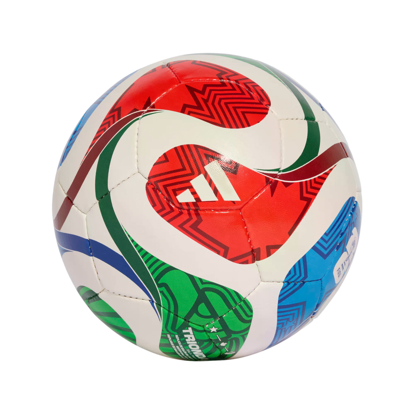 An Adidas TRIONFO soccer ball featuring white panels with vibrant red, green, and blue geometric patterns, set against a solid black background.