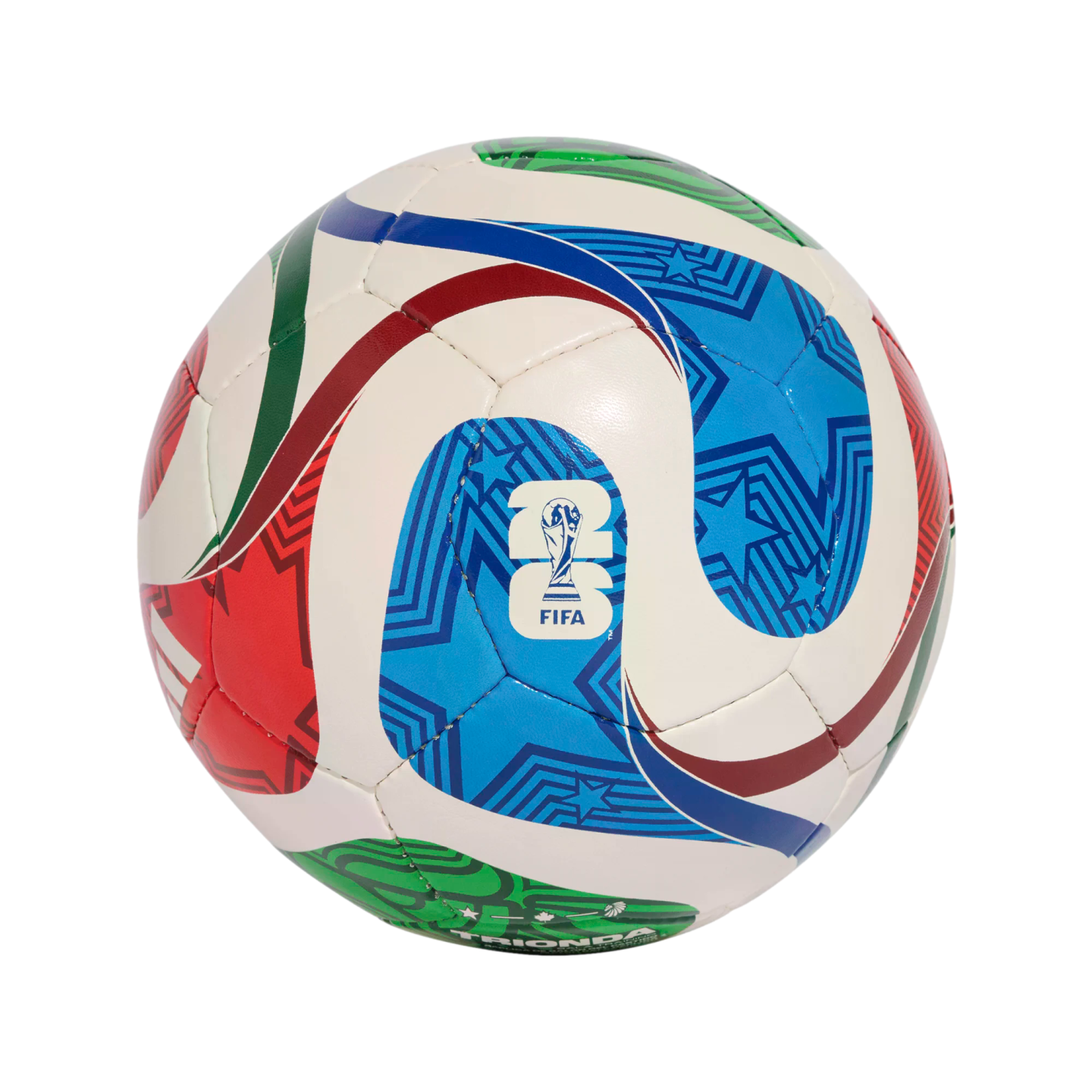 White soccer ball with colorful red, blue, and green swirls, stars, and the FIFA 2026 World Cup logo, centered against a black background.