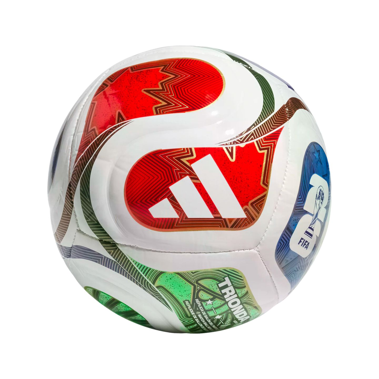 White soccer ball with colorful red, green, and blue patterns, featuring the Adidas logo, FIFA World Cup logo, and the name "TRIONDA."