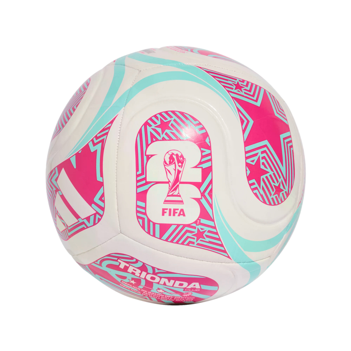 White soccer ball with pink and teal geometric star patterns, featuring the FIFA World Cup trophy logo and "TRIONDA CLUB" text.