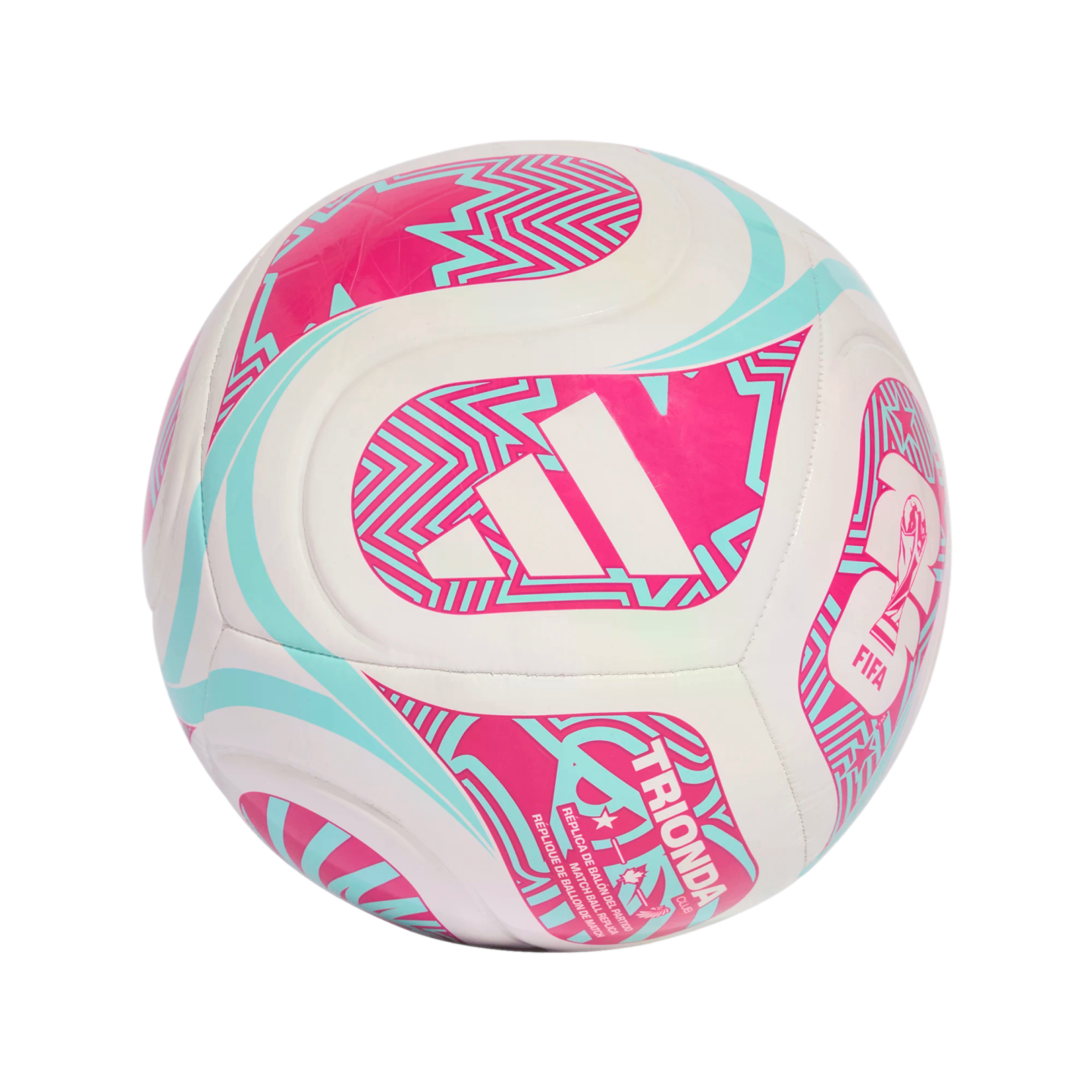 A white Adidas soccer ball featuring vibrant pink and teal wavy patterns, the Adidas logo, "TRIONDA" text, and FIFA branding.