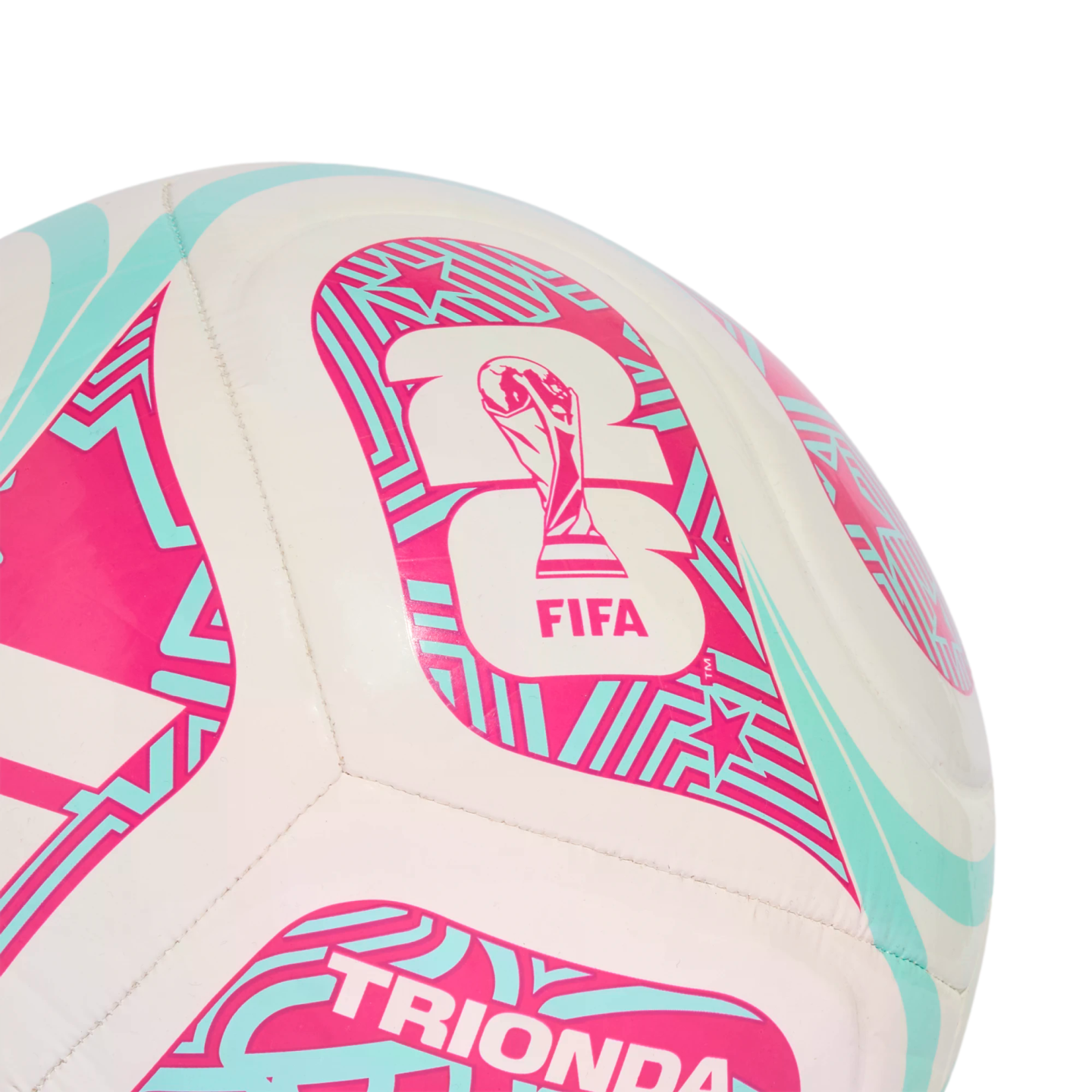 Close-up of a white soccer ball with vibrant pink and teal geometric patterns, the FIFA 2026 logo, and "TRIONDA" text on its panels.