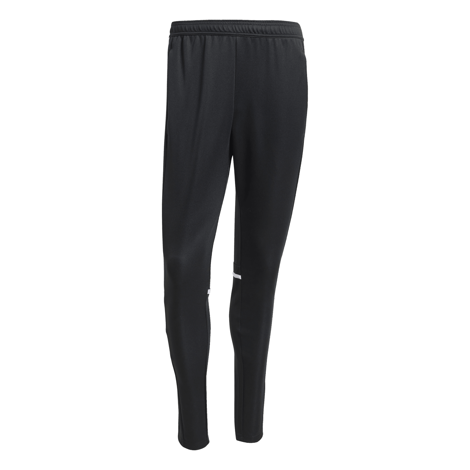 Black, tapered athletic track pants with an elastic waistband and small white horizontal stripes on the outer sides near the knees.