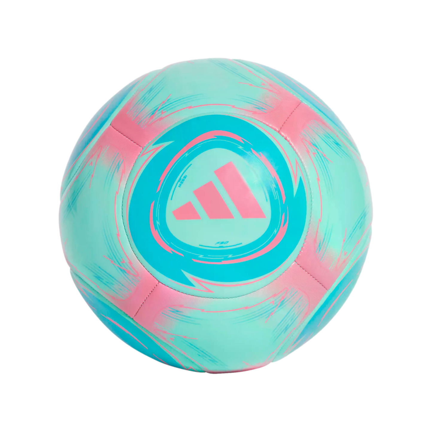 A light teal and pink Adidas soccer ball featuring abstract swirly graphics and a pink logo in the center. The name "MESSI" is printed on the side.