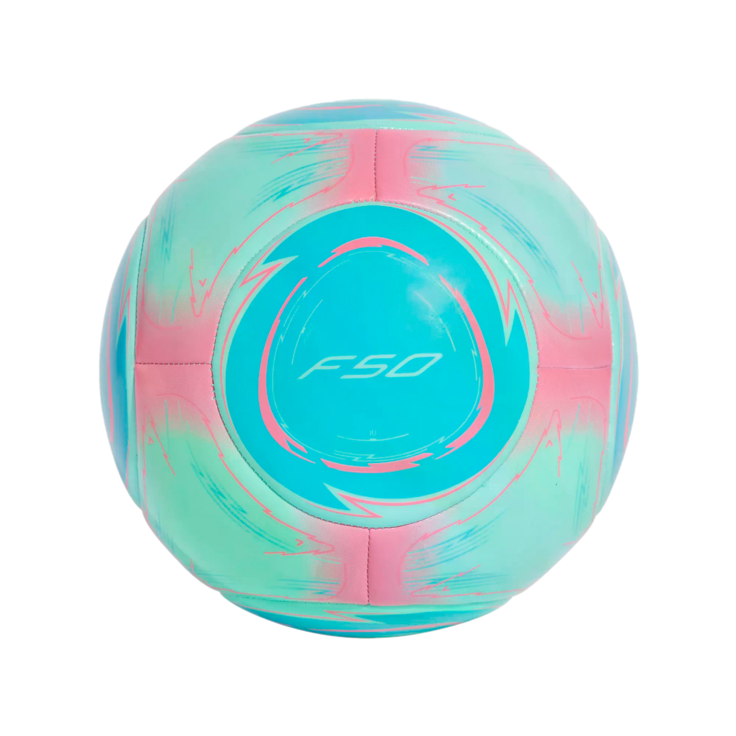 Teal and pink soccer ball with "F50" printed in the center, featuring wavy graphic patterns on a white background.