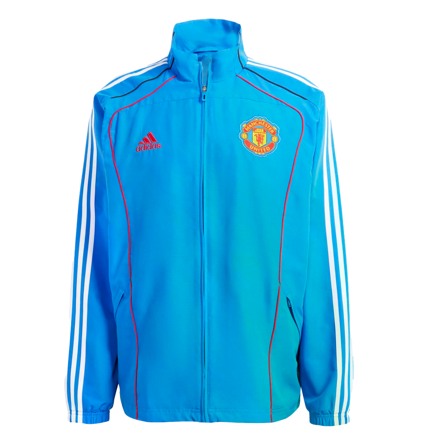 Blue Adidas Manchester United zip-up track jacket with the club crest, red trim, and white three-stripe details on the sleeves.