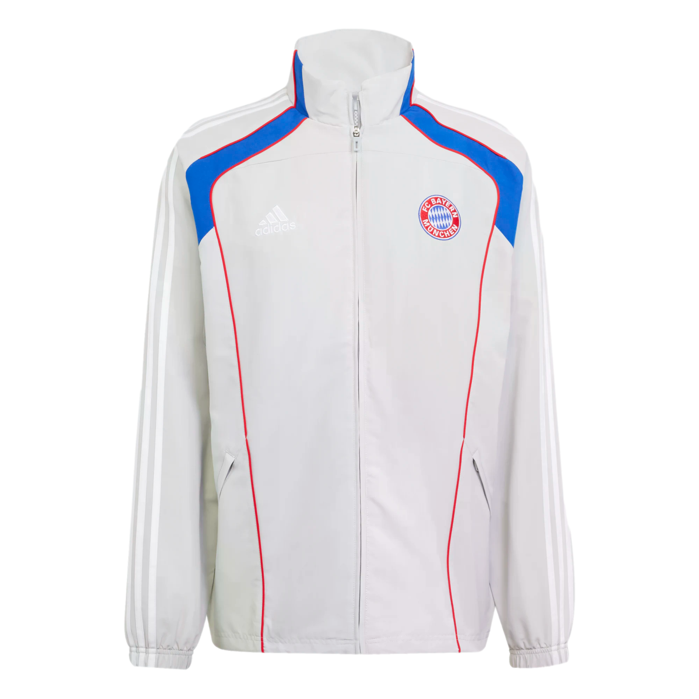 Light gray Adidas FC Bayern Munich track jacket featuring blue and red shoulder accents, the club crest, and white stripes on the sleeves.