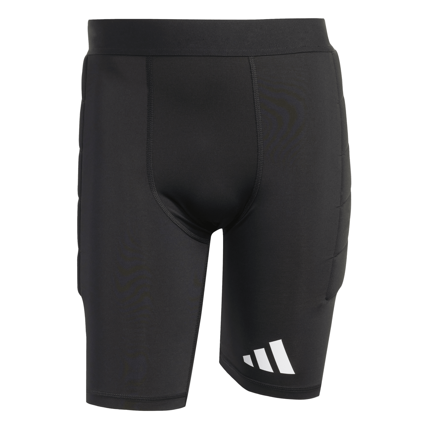 Black Adidas padded athletic compression shorts with a white logo on the lower left leg and protective side padding.
