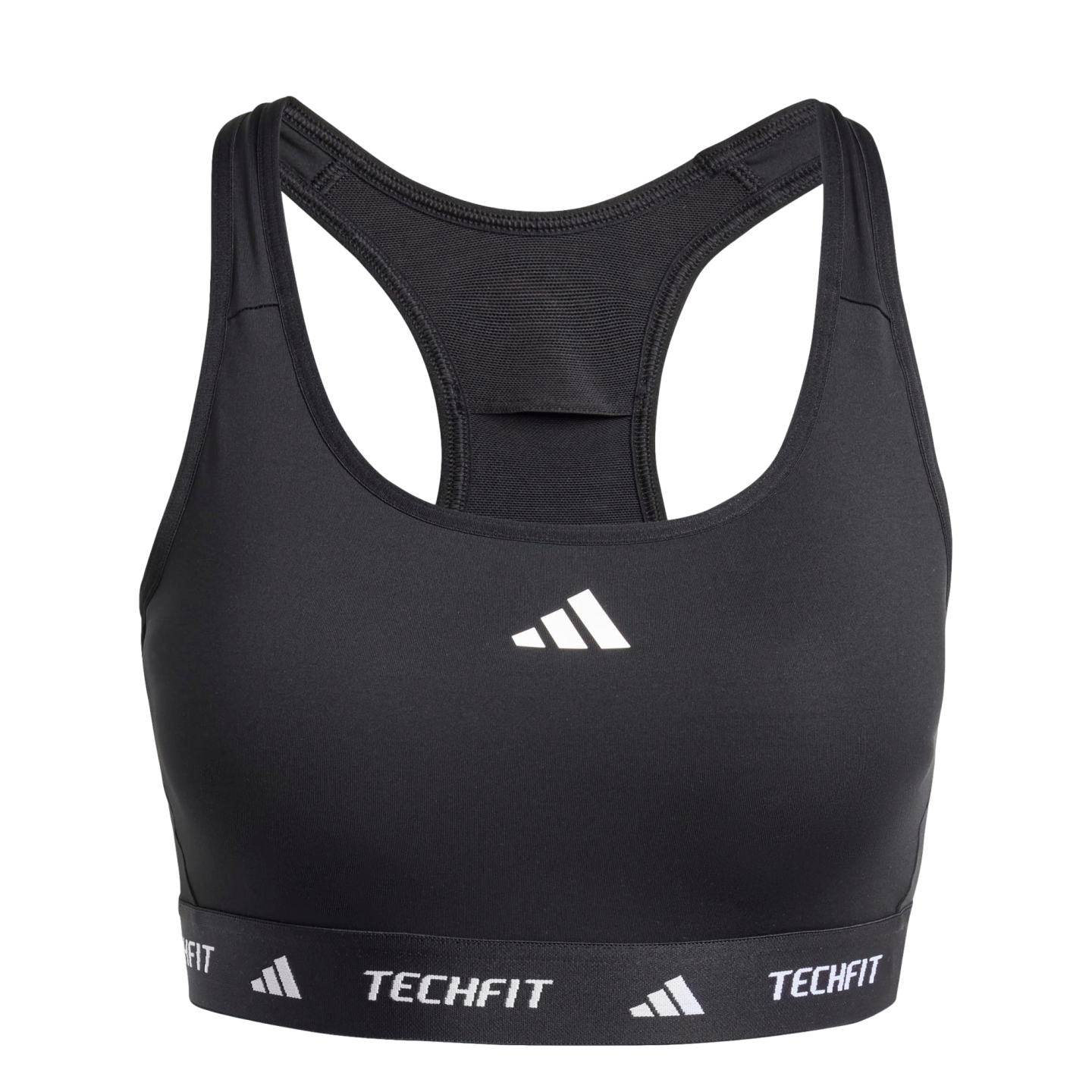 A black Adidas Techfit sports bra with a white logo on the chest and "TECHFIT" text on the elastic bottom band.