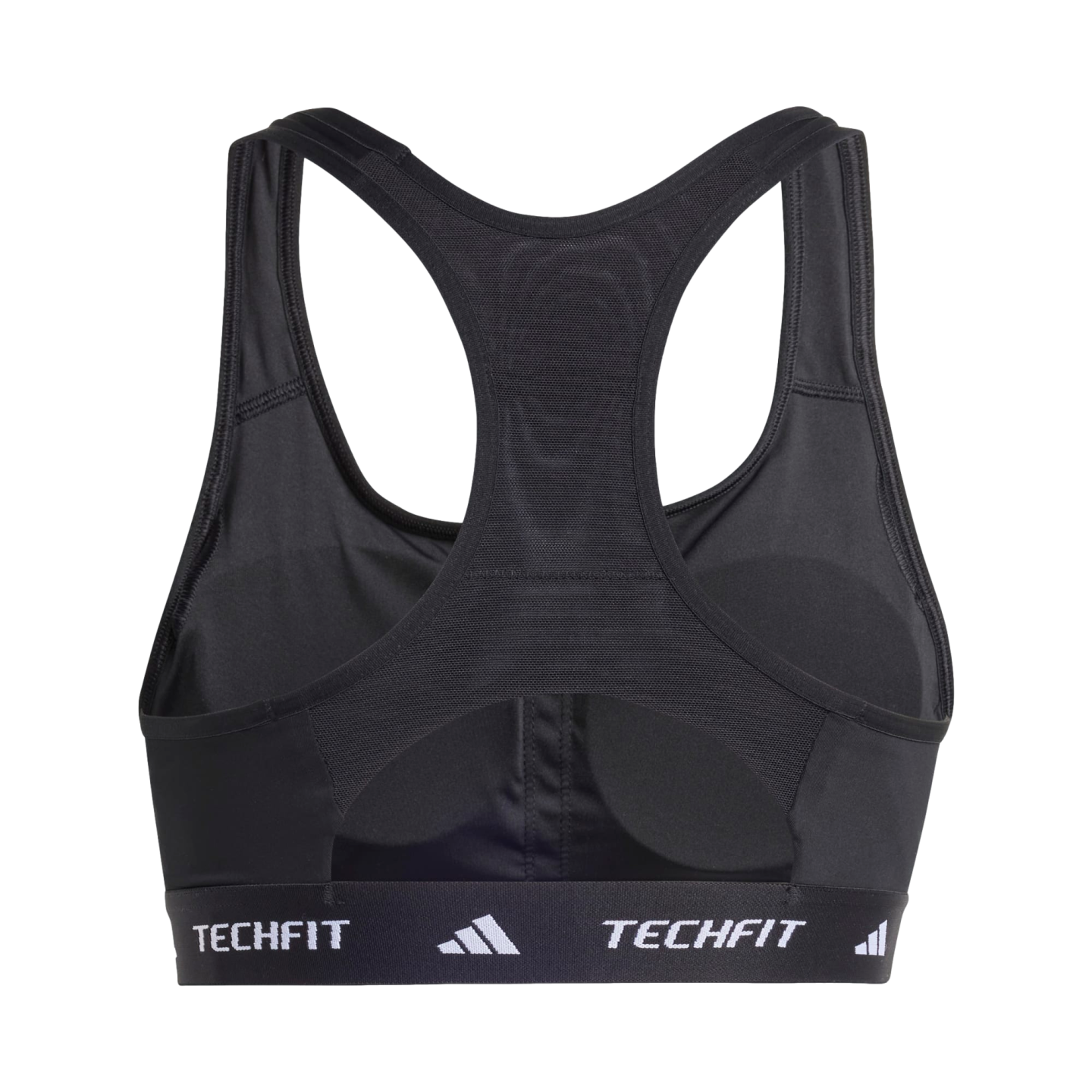 Rear view of a black Adidas sports bra featuring a mesh racerback and a wide elastic band with the "TECHFIT" logo.
