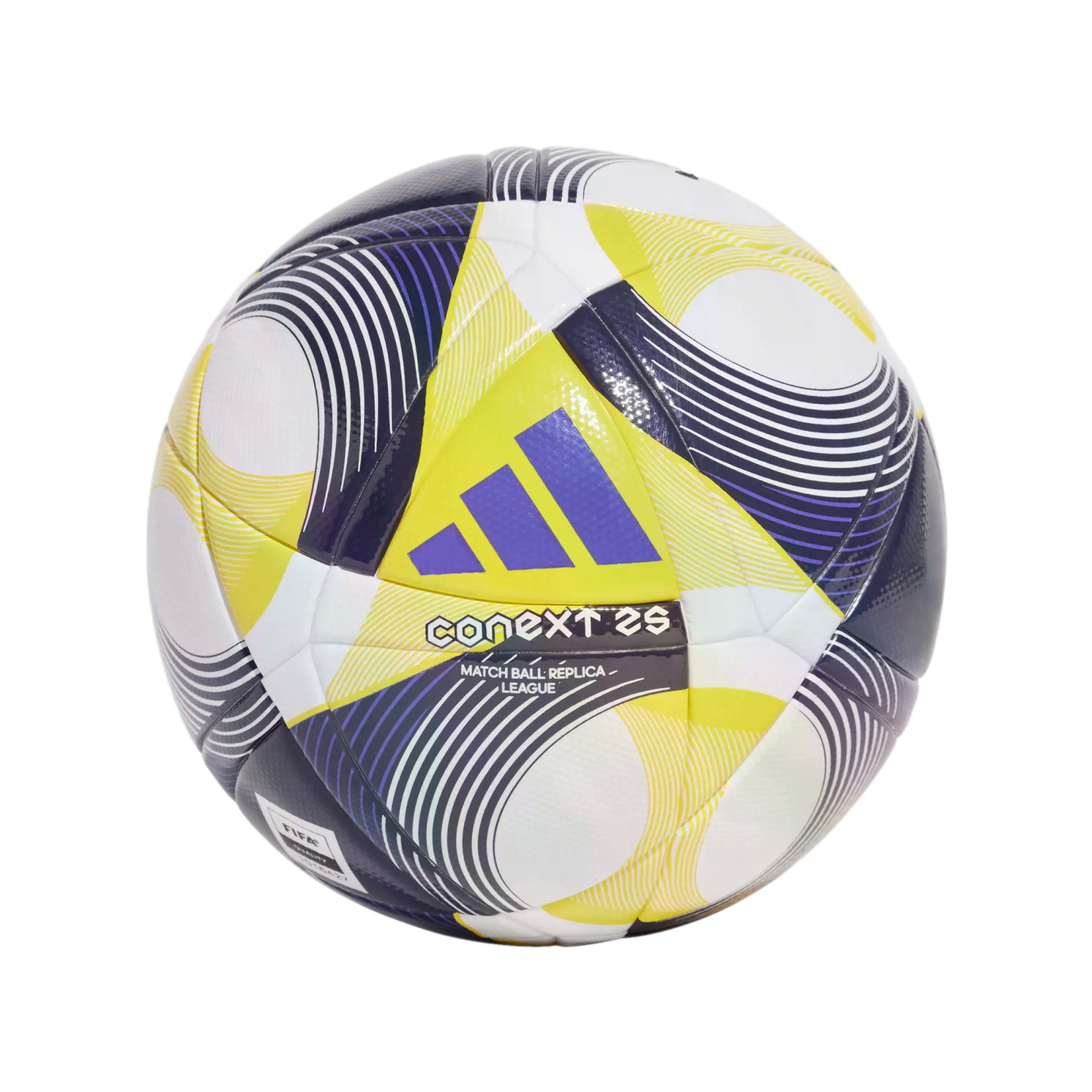 Adidas Conext 24 League soccer ball featuring yellow, purple, and black swirling patterns on a white background, with the brand's logo and FIFA Quality stamp.