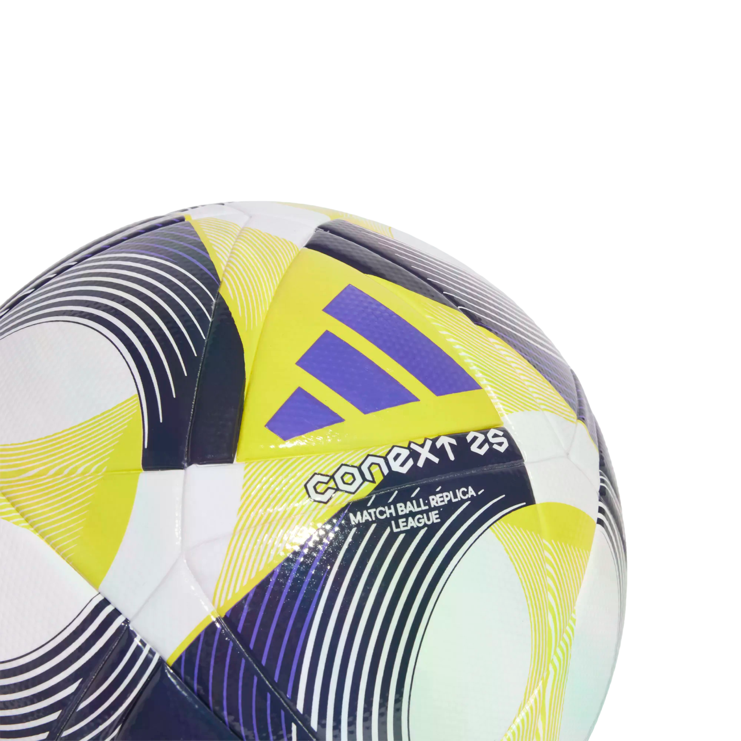 A close-up of an Adidas Conext 24 soccer ball with white, navy, and yellow patterns and a purple logo. Text on the ball reads "CONEXT 24" and "MATCH BALL REPLICA - LEAGUE."