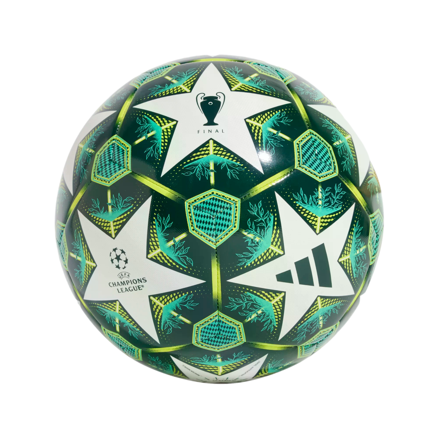 A green and white UEFA Champions League Final soccer ball featuring its iconic star pattern, the Adidas logo, and neon accents against a white background.