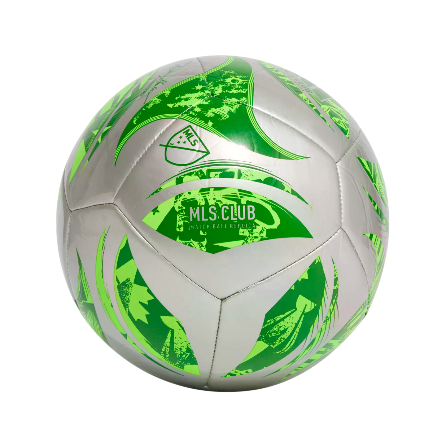 A silver and green Major League Soccer (MLS) club replica soccer ball with a metallic finish and abstract green designs.