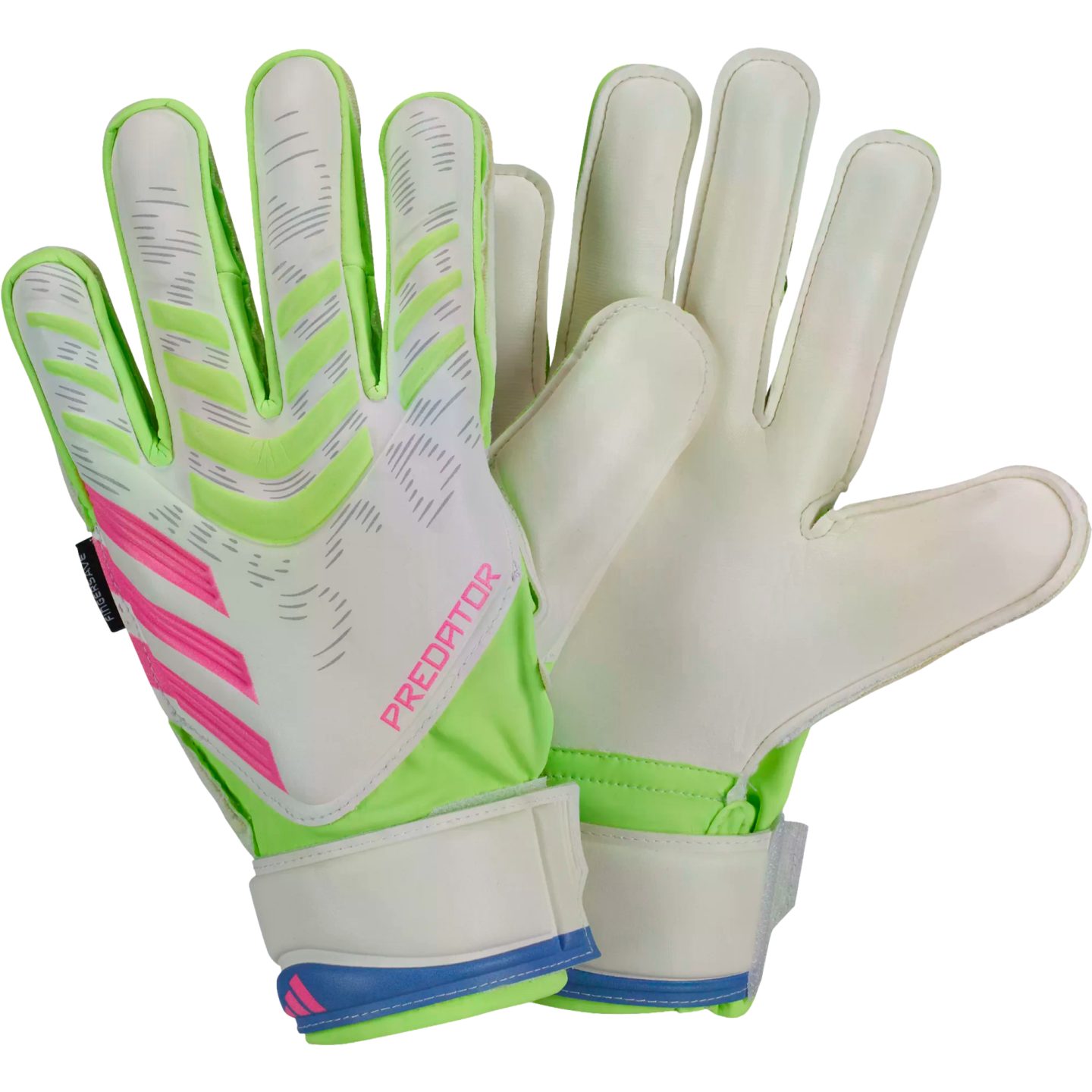 A pair of neon green and white Adidas Predator goalkeeper gloves with pink accents, showing both the textured backhand and the flat white palm.