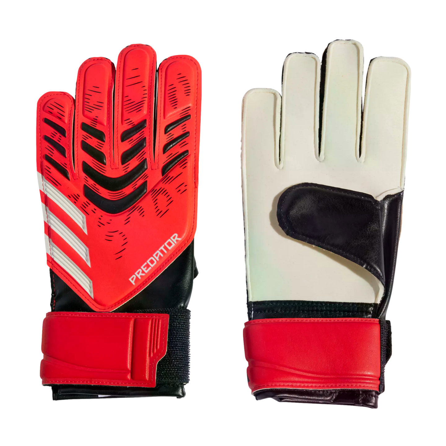 Front and back view of red Adidas Predator goalkeeper gloves. The back has black chevron patterns and white stripes, while the palm is white with a red strap.
