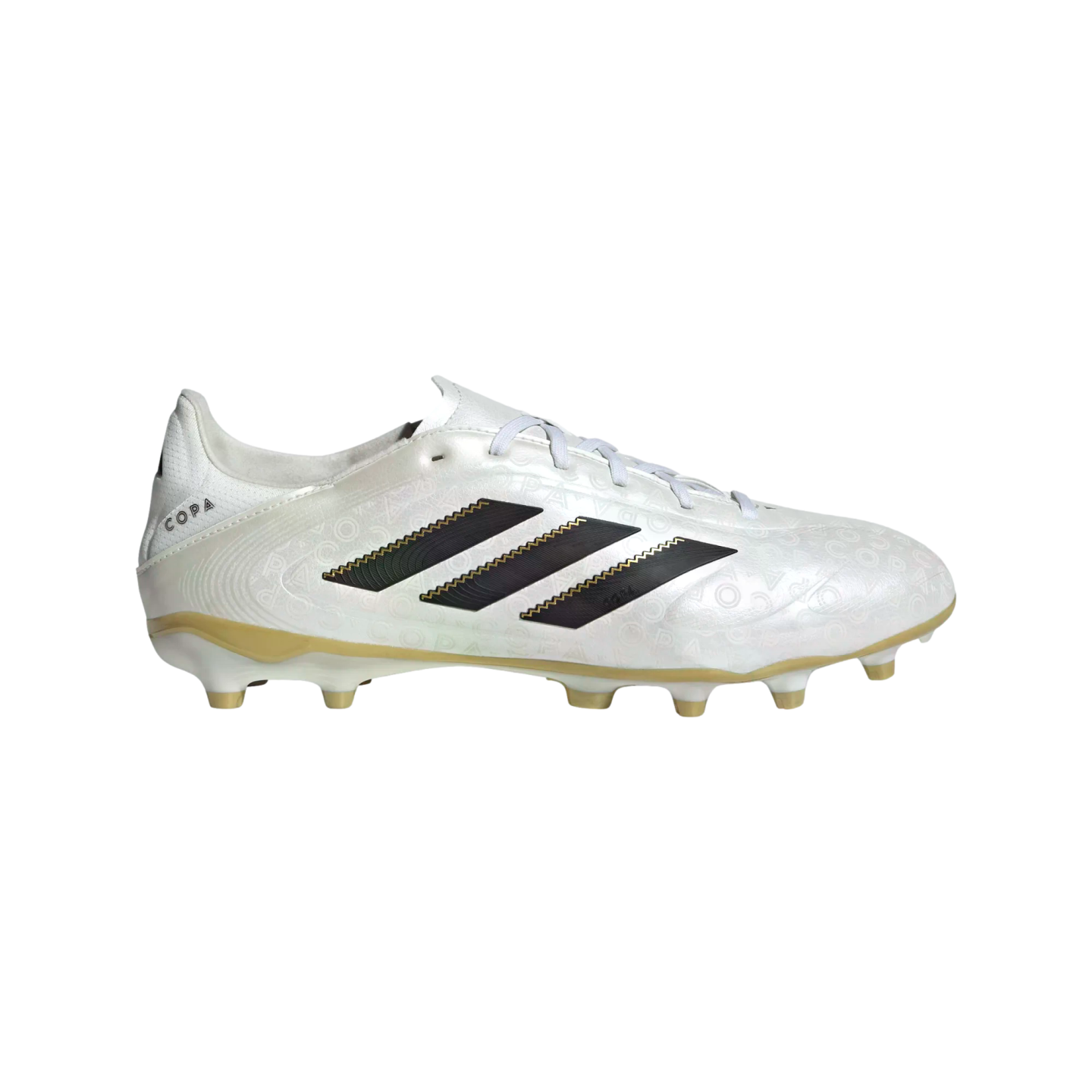 Pearlescent white Adidas Copa soccer cleat with three black stripes and a gold soleplate, isolated on a white background.