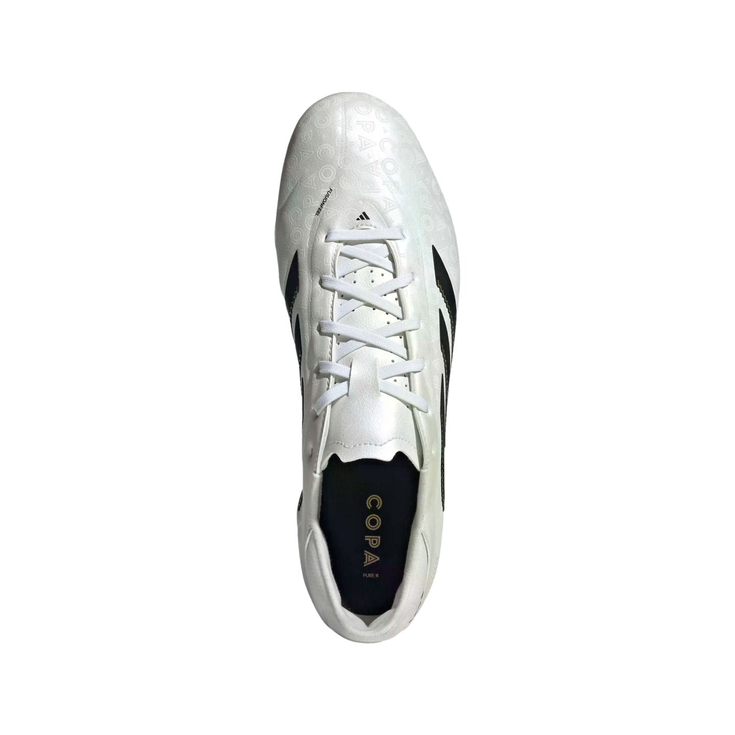 Top-down view of a white Adidas Copa Pure soccer cleat with black stripes and white laces.