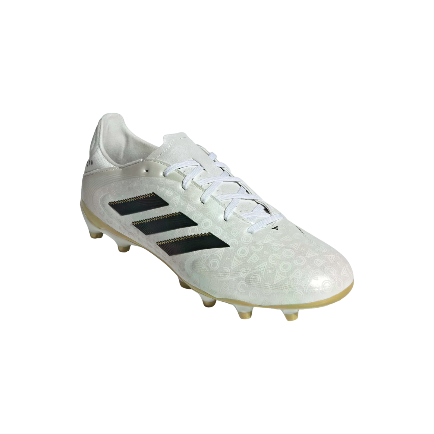 A white Adidas soccer cleat with black stripes and gold-tipped studs on a plain white background.