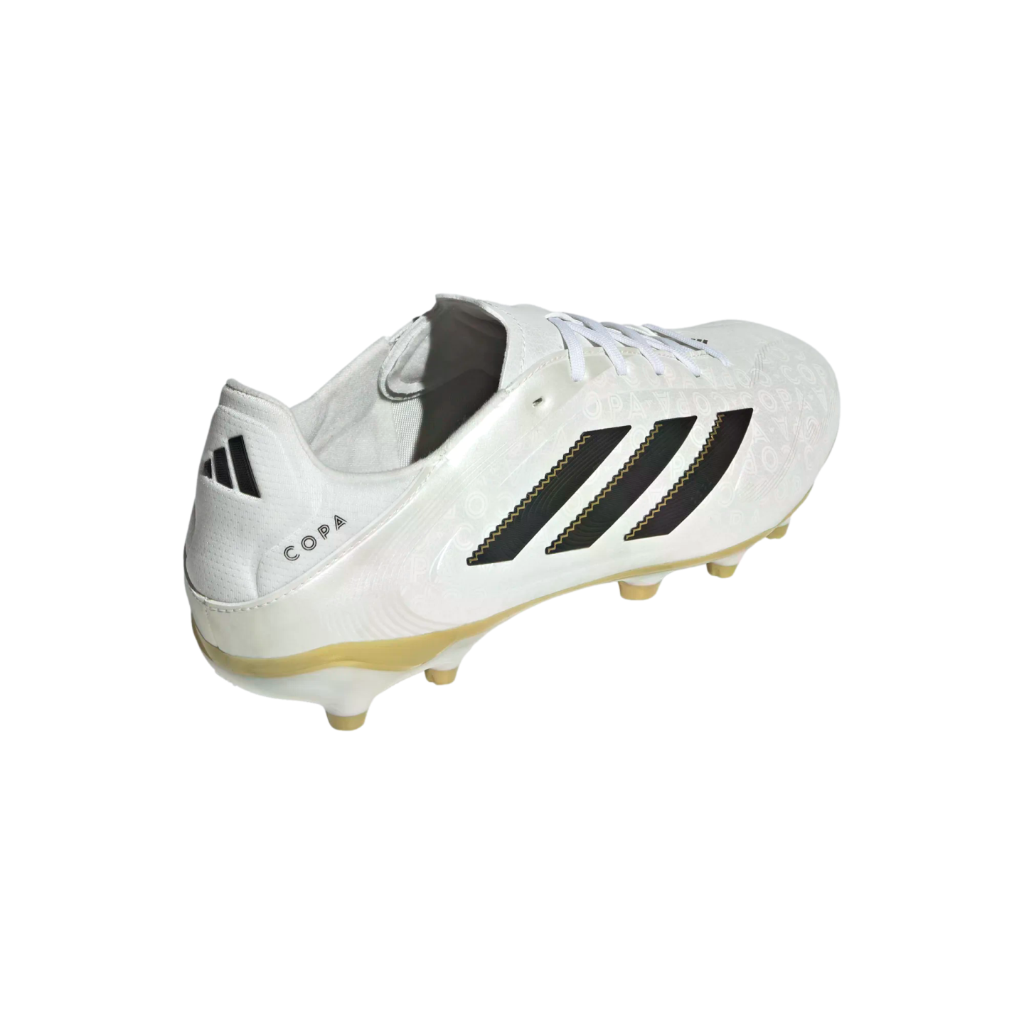 A white Adidas Copa soccer cleat with three black stripes and gold accents on the studs, shown from a rear angle against a plain white background.