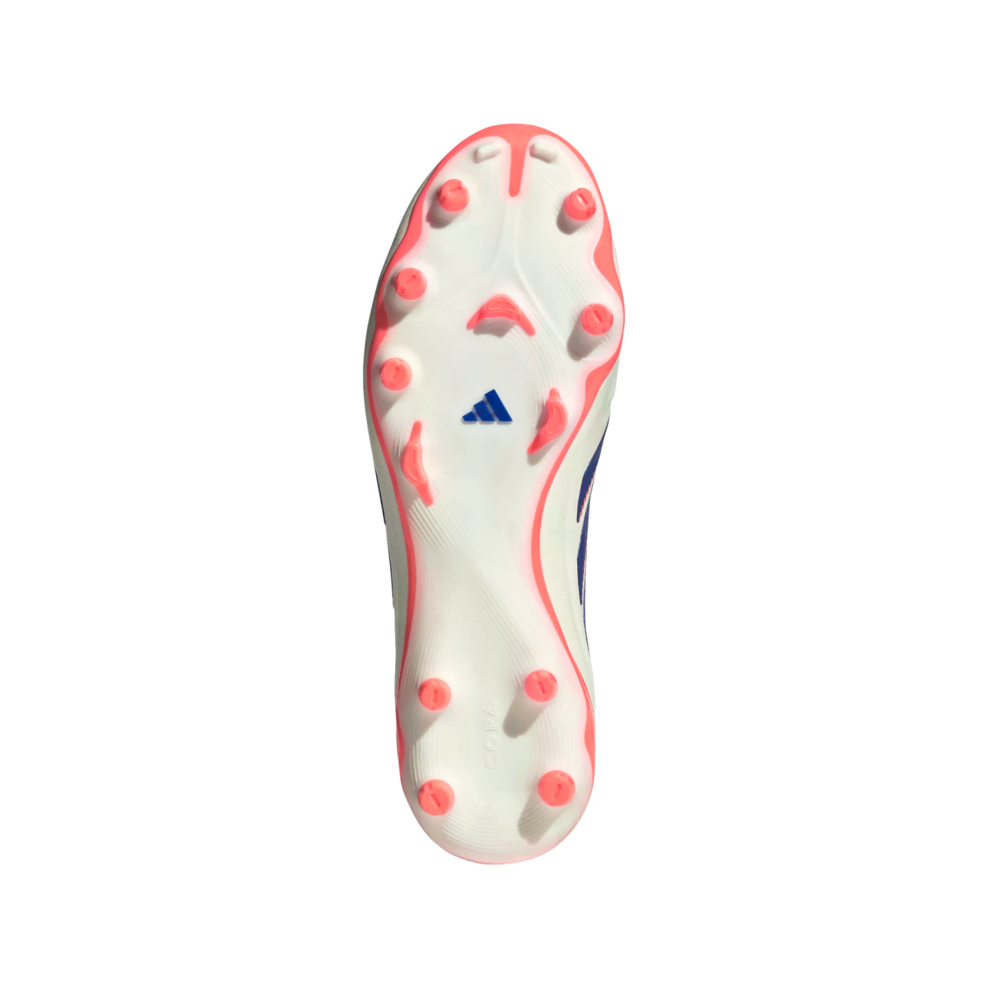Underside of an Adidas Copa football boot showing a white soleplate with pink studs and blue logo.