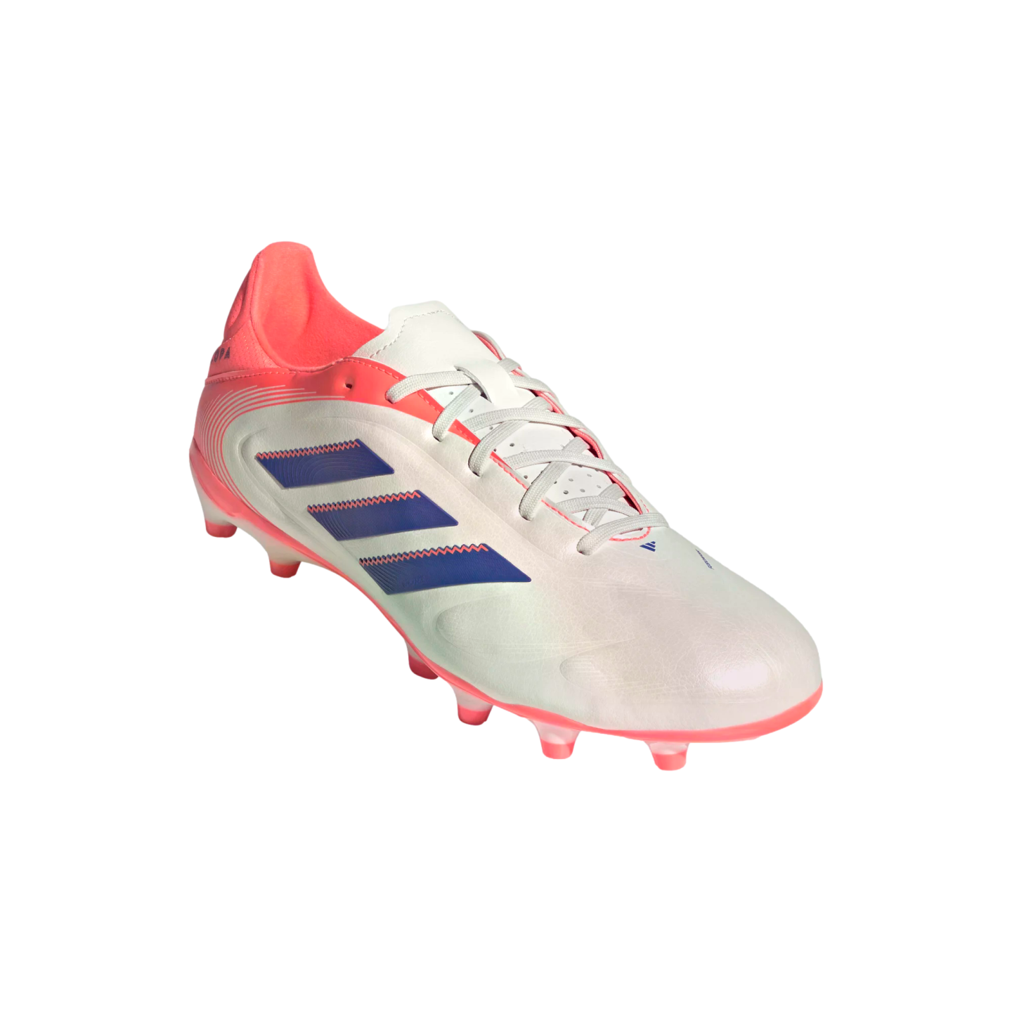 White Adidas soccer cleat with pink accents on the heel and sole, featuring three navy blue stripes on the side, displayed against a solid black background.
