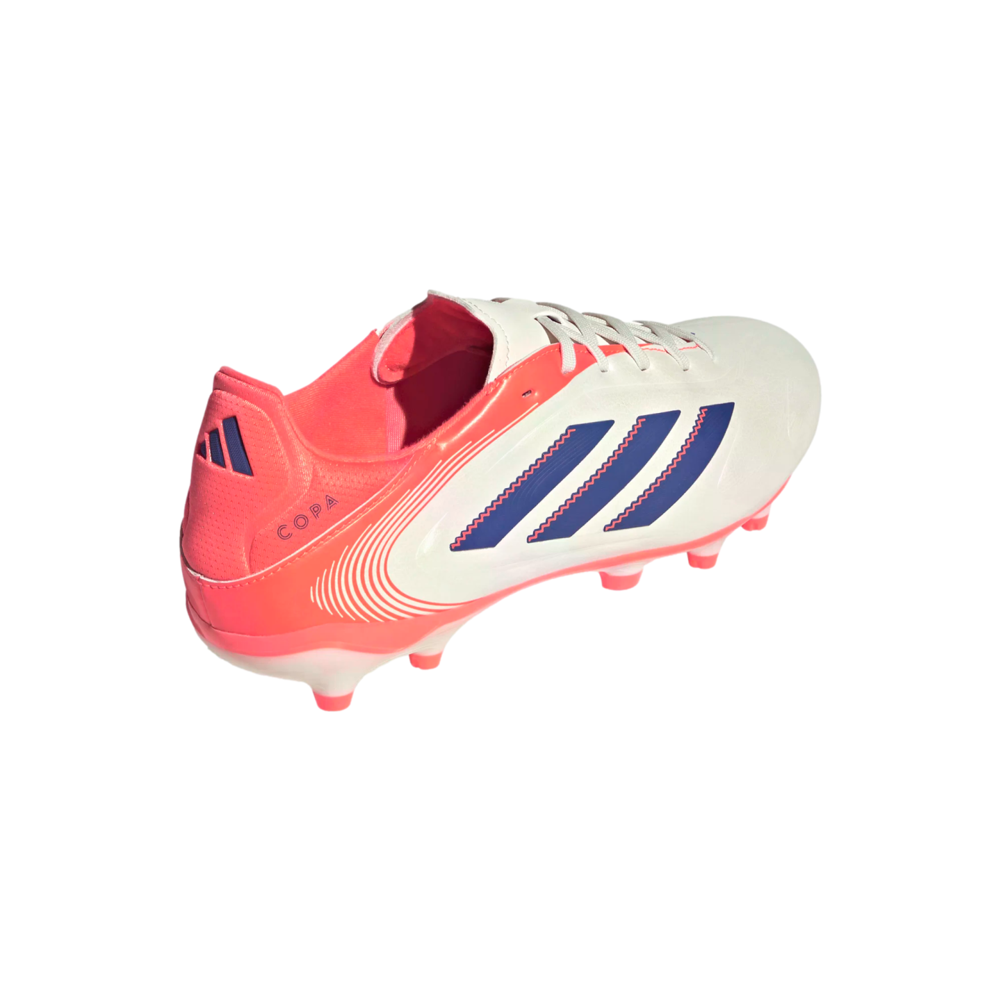 White and bright pink Adidas Copa soccer cleat featuring three navy blue stripes, shown from a side-rear perspective against a solid black background.