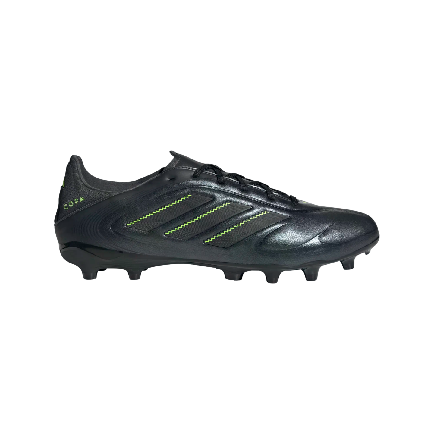 Profile view of a black adidas Copa soccer cleat with neon green zigzag stitching and heel branding, against a black background.