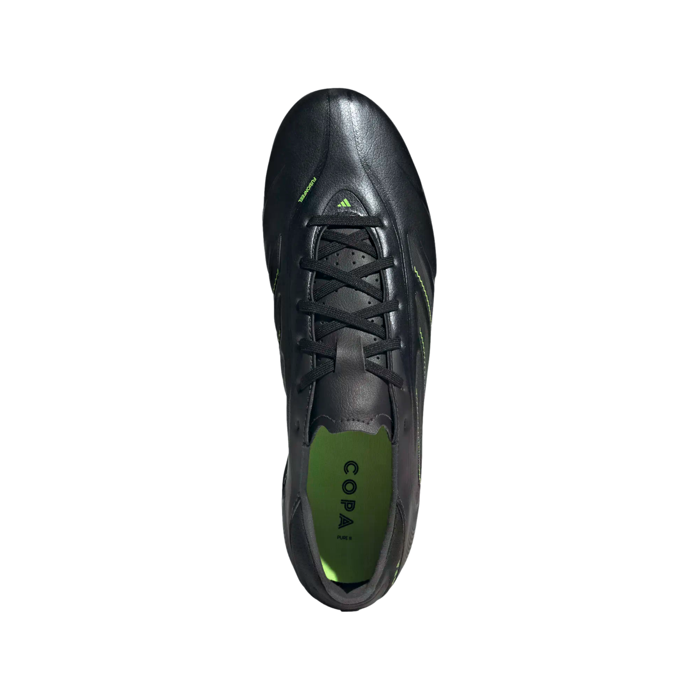 Top-down view of a black Adidas Copa Pure II soccer cleat with neon green accents and insole against a black background.