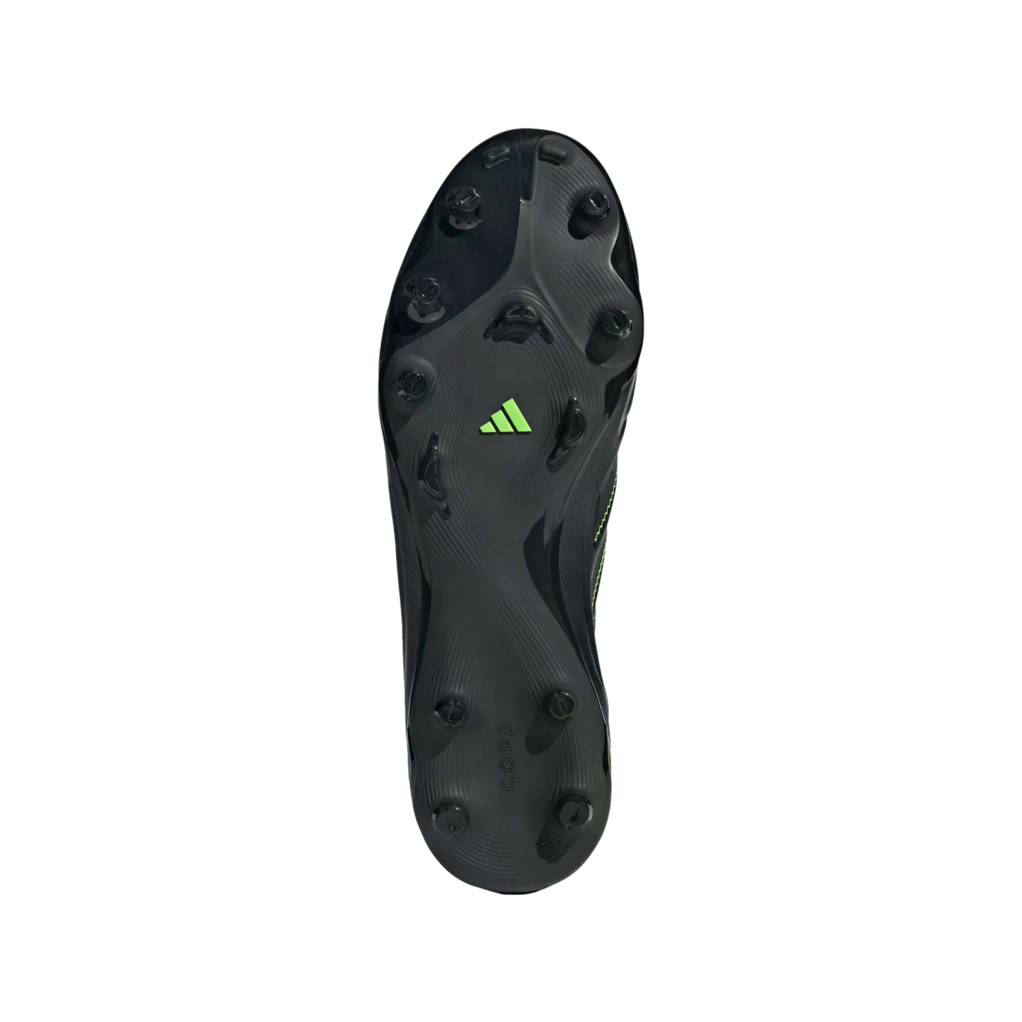 Bottom view of a black Adidas Copa soccer cleat soleplate, featuring black studs, a lime green logo, and a textured pattern.