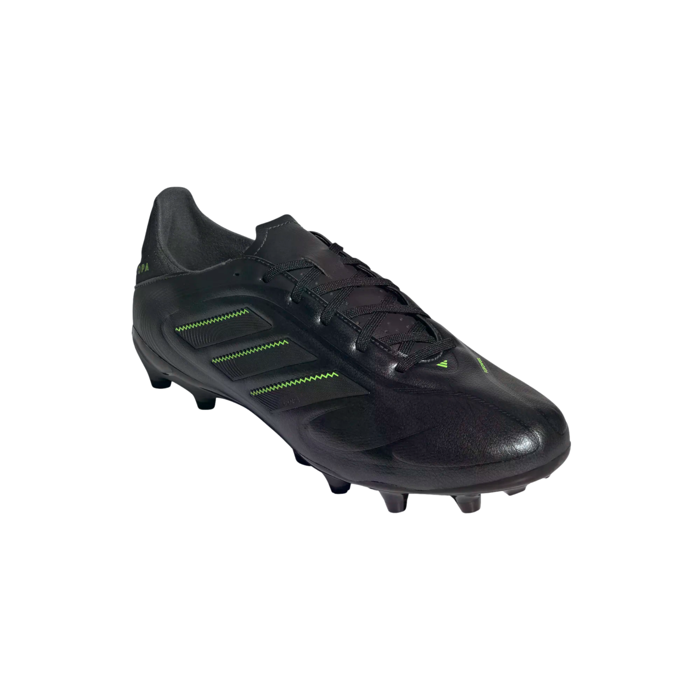 Black Adidas Copa soccer cleat with neon green stripes on the side and studs, shown from a side angle against a black background.