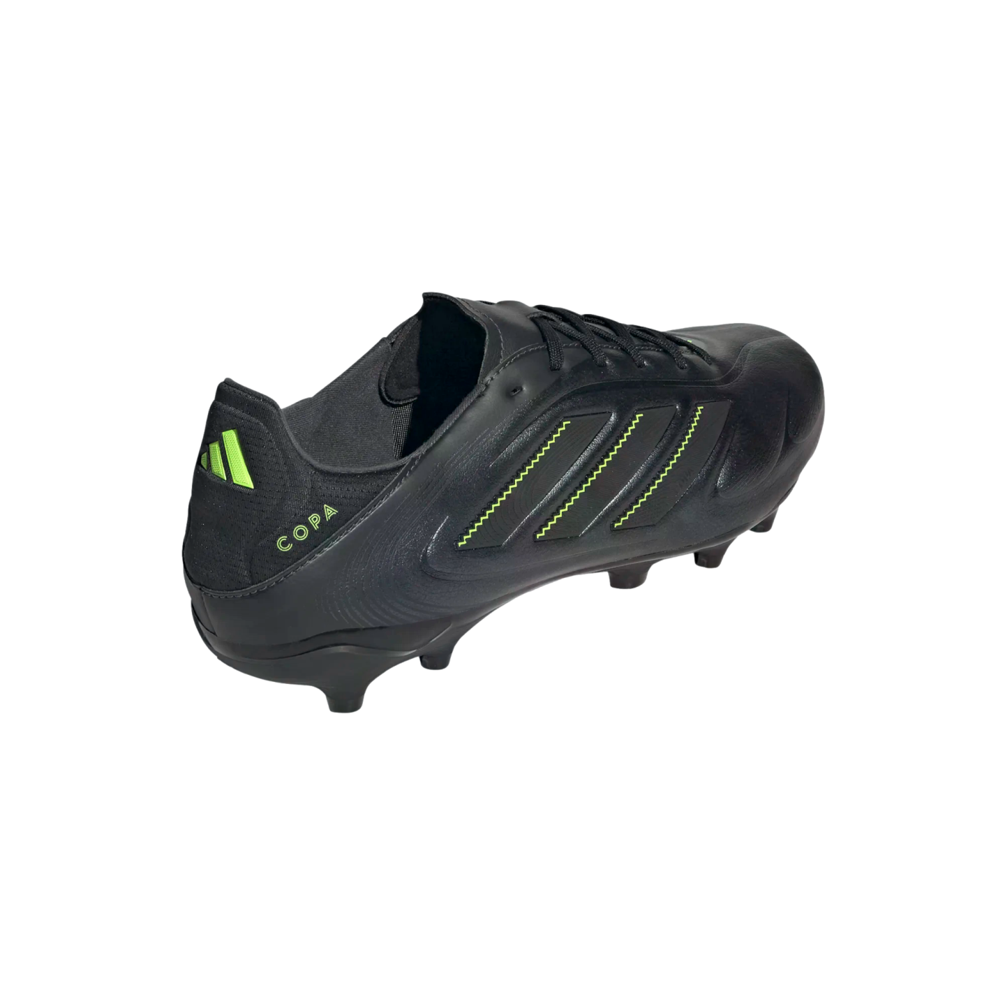 A black Adidas Copa soccer cleat featuring neon green accents on its side stripes and heel logo, shown from a rear-side angle against a black background.