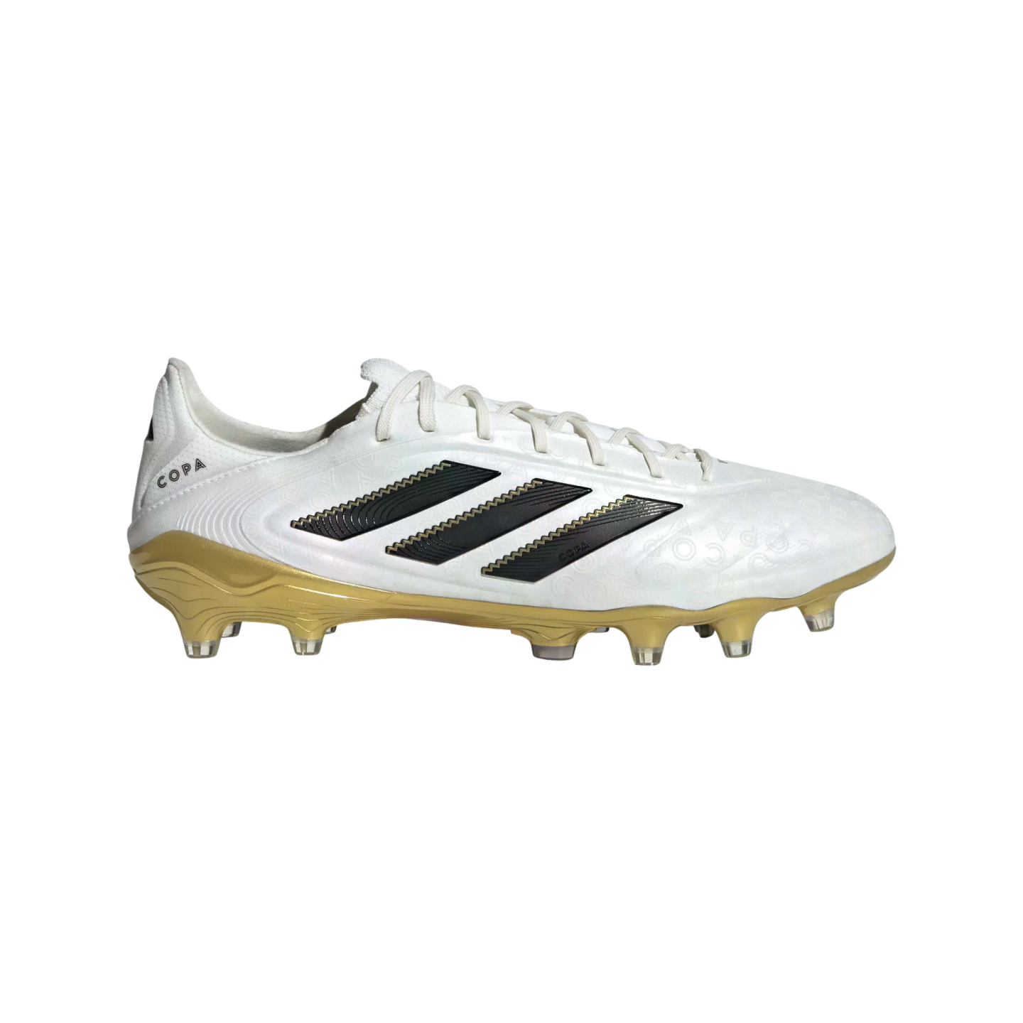 Side view of a white Adidas Copa soccer cleat with three black stripes and a gold soleplate with studs on a white background.