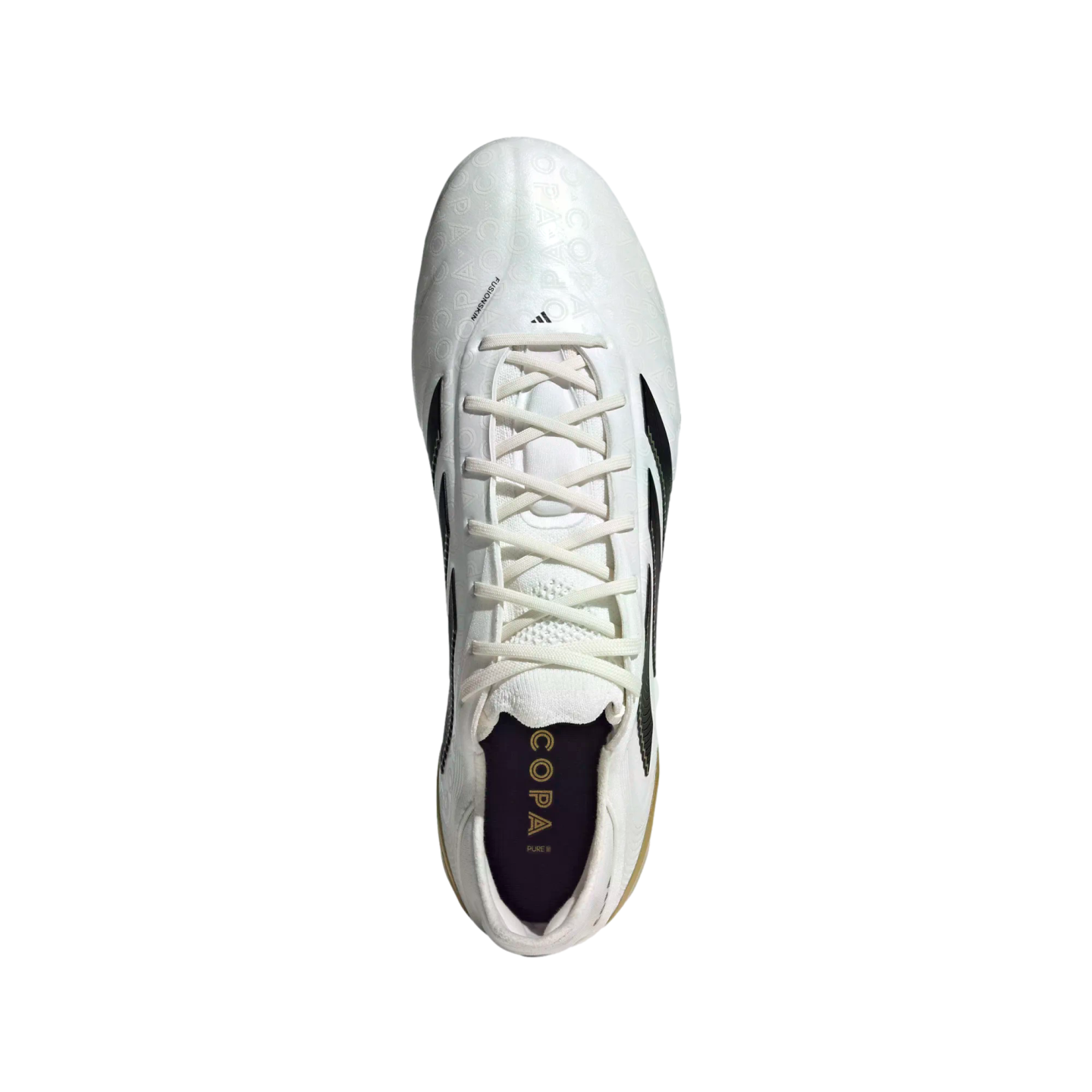 Top-down view of a white Adidas Copa soccer cleat with white laces, black accents, and "COPA" printed on the dark insole against a plain white background.