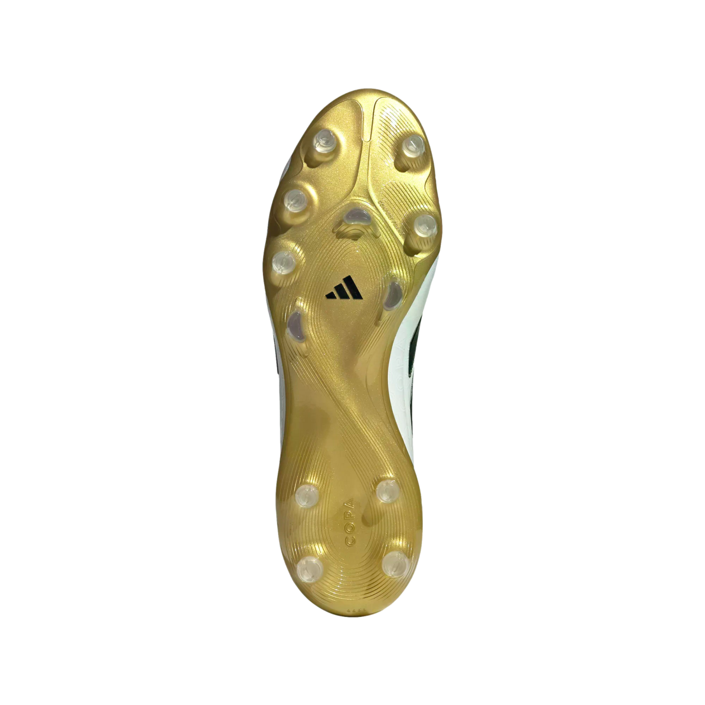 Bottom view of a metallic gold Adidas Copa soccer cleat soleplate with translucent studs, against a white background.