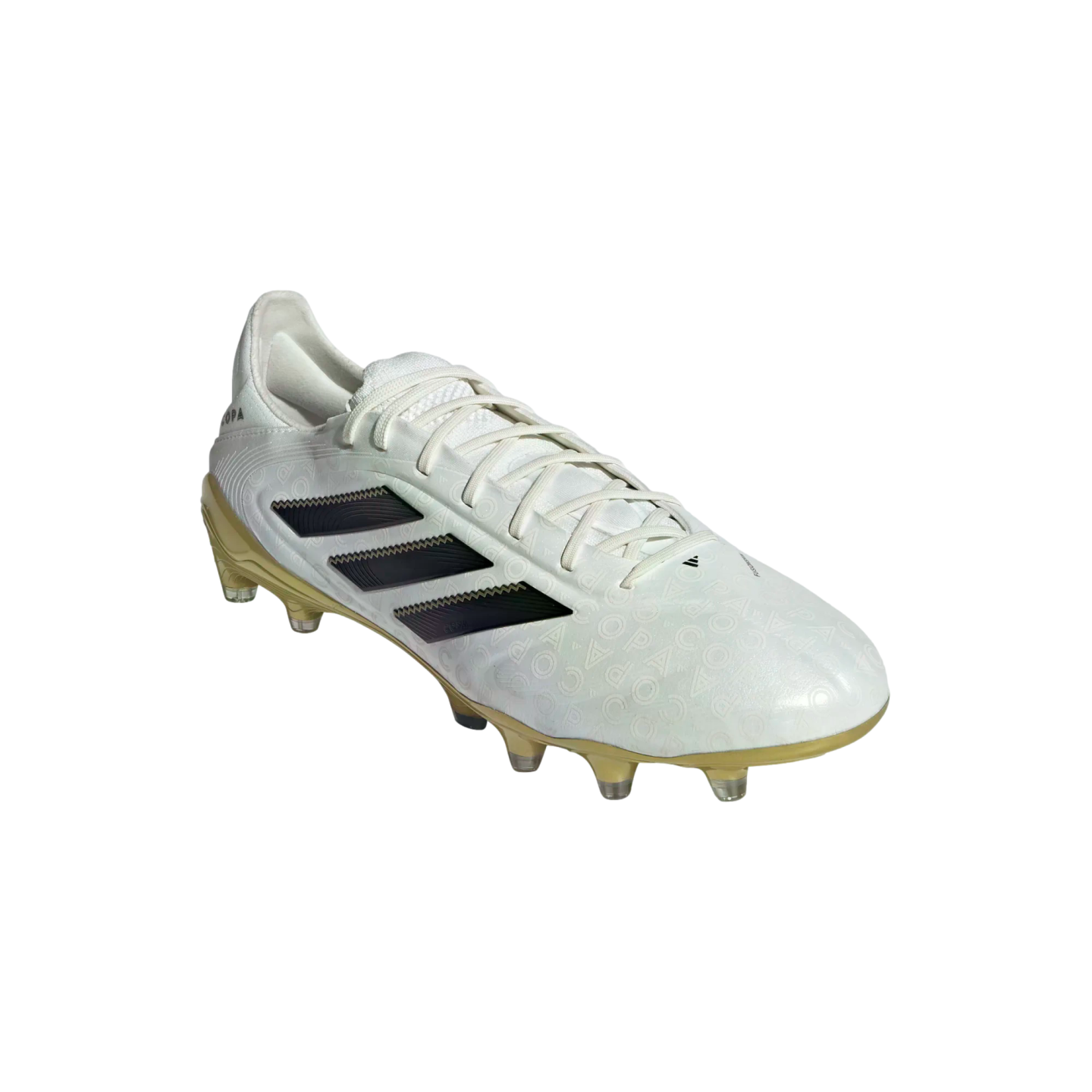 A white Adidas Copa soccer cleat with black stripes and a gold soleplate, featuring an embossed iridescent "COPA" pattern across the upper.