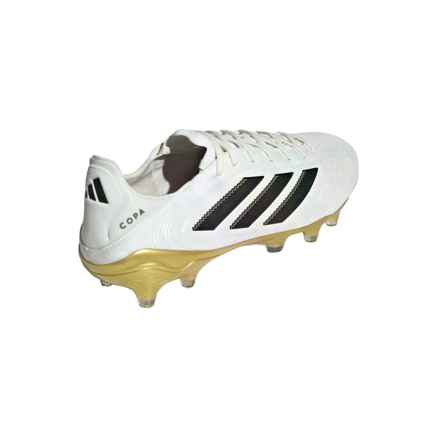 A white Adidas Copa soccer cleat with black stripes and a gold-toned sole, shown from a side-rear angle against a plain white background.