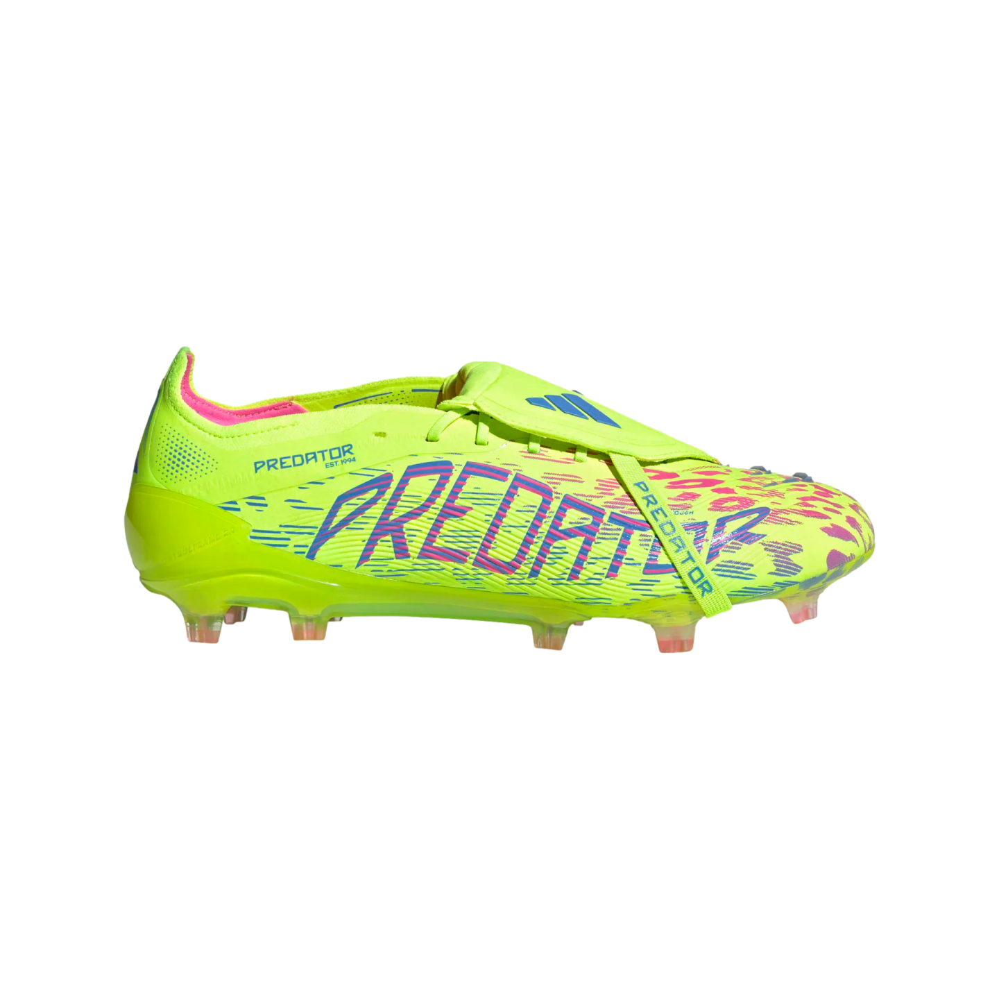 Neon yellow Adidas Predator soccer cleat featuring large purple and pink branding, a fold-over tongue, and a matching elastic strap.