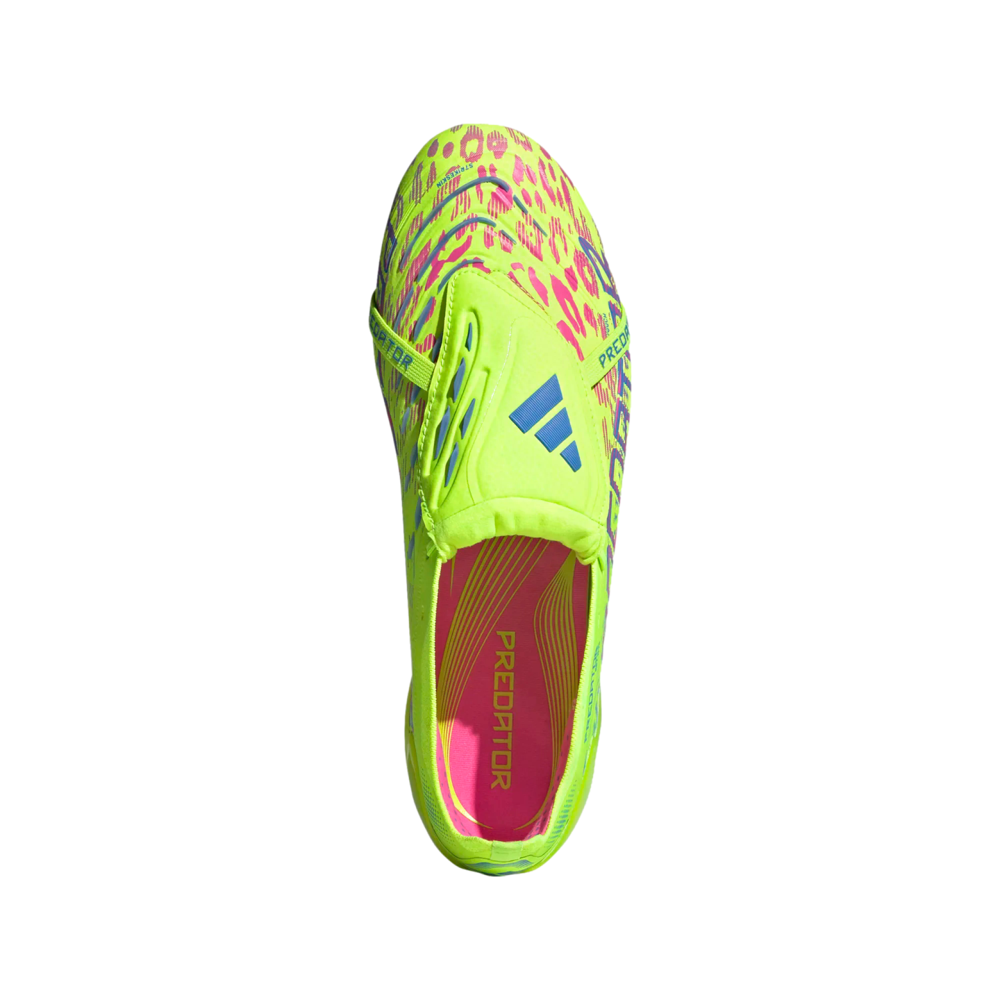 Top-down view of a neon yellow Adidas Predator soccer cleat featuring pink and blue leopard print accents and a fold-over tongue.