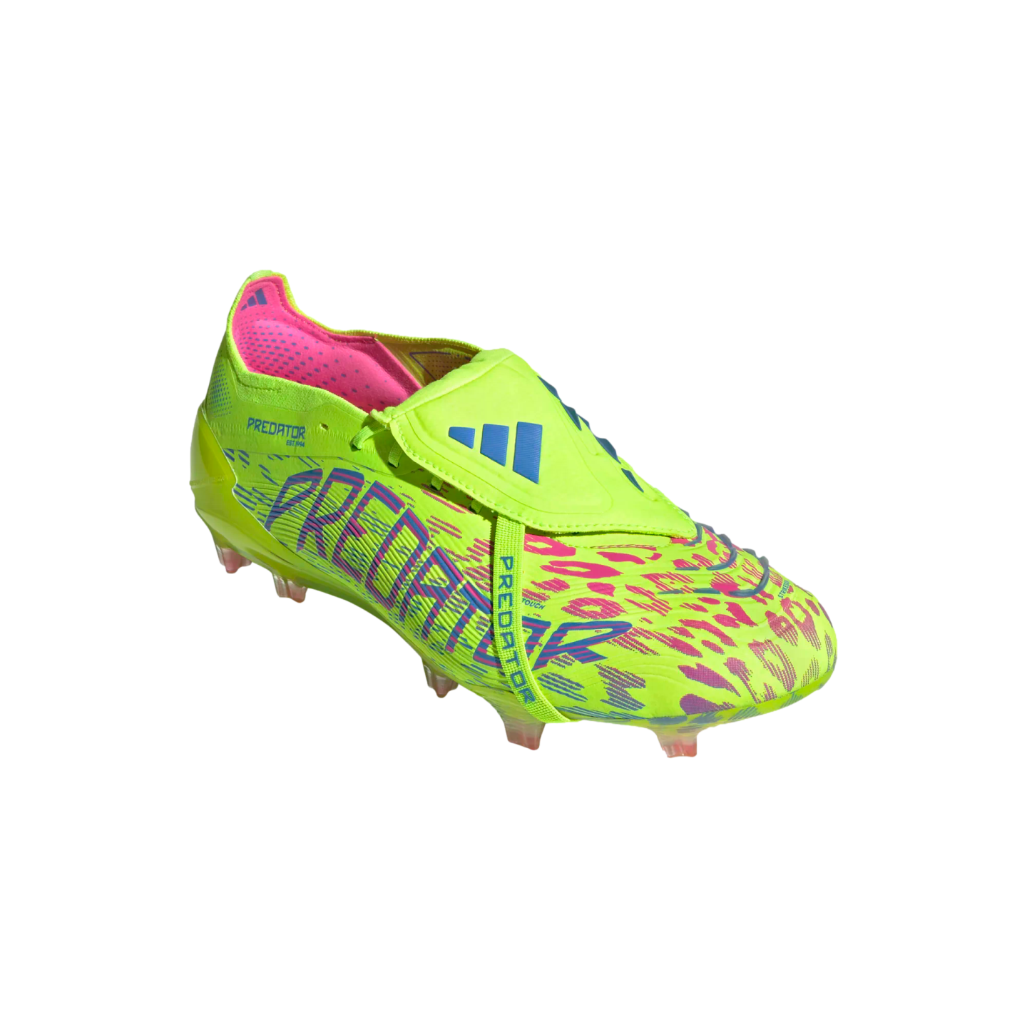 A neon yellow Adidas Predator soccer cleat with pink and purple abstract patterns, a fold-over tongue, and blue branding.