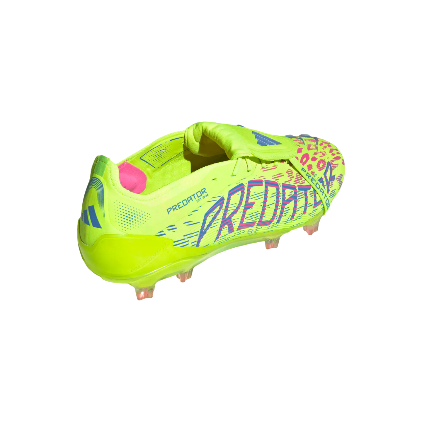 A neon yellow Adidas Predator soccer cleat featuring bold blue and pink 'PREDATOR' branding and leopard-print patterns against a white background.
