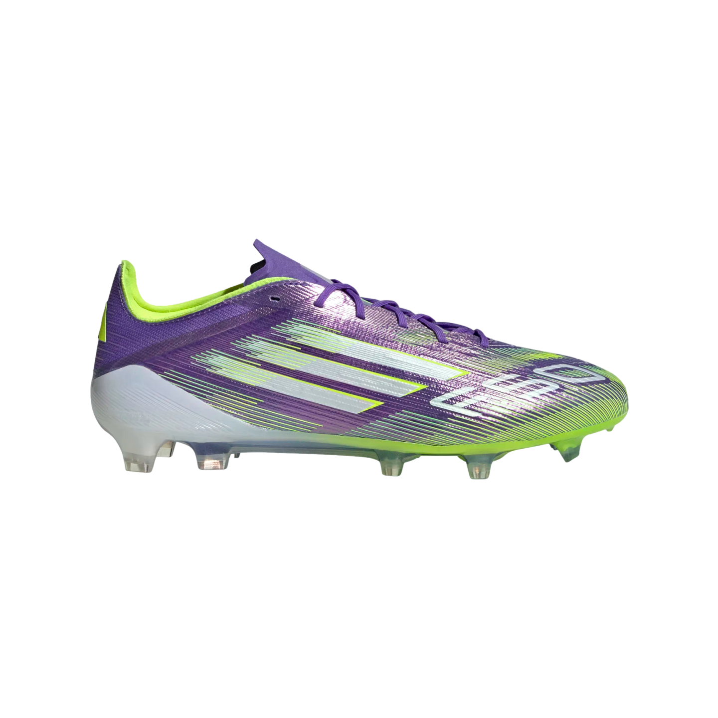 Side view of an iridescent purple and lime green Adidas F50 soccer cleat with white stripes, featuring clear studs on a black background.