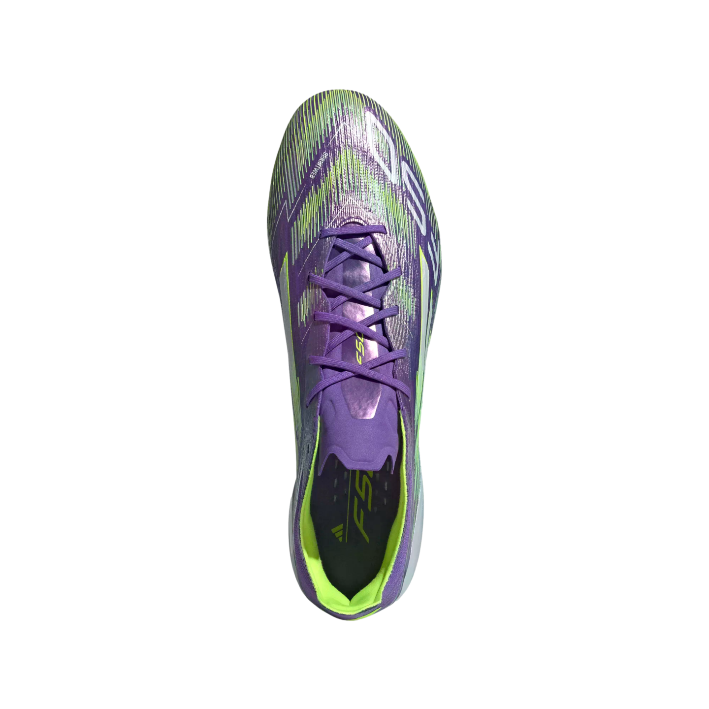 Top-down view of a purple Adidas soccer cleat with neon green accents and purple laces against a solid black background.